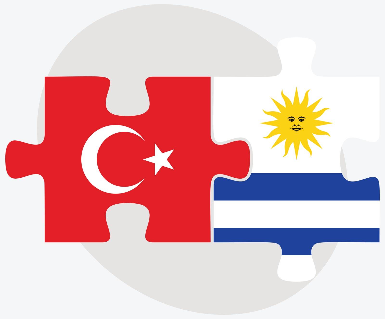 Turkey and Uruguay Flags in puzzle isolated on white background