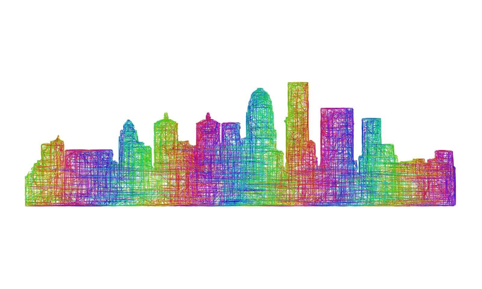 Louisville city skyline silhouette - multicolor line art