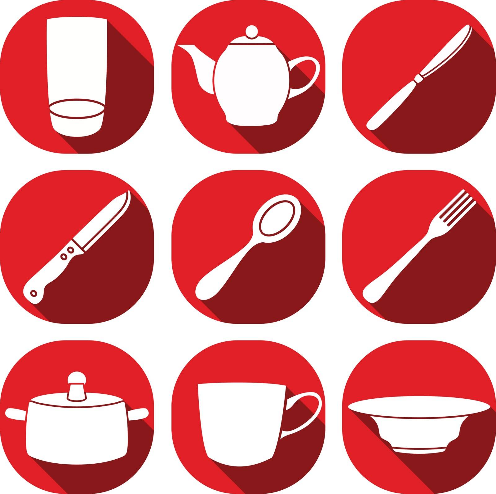 Here it is shown a set of 9 icons of kitchen appliances. 
They are painted in a flat style. This shows a glass maker, 
а table knife, а kitchen knife, а spoon, а fork, a saucepan, 
а cup and a plate on a red background.