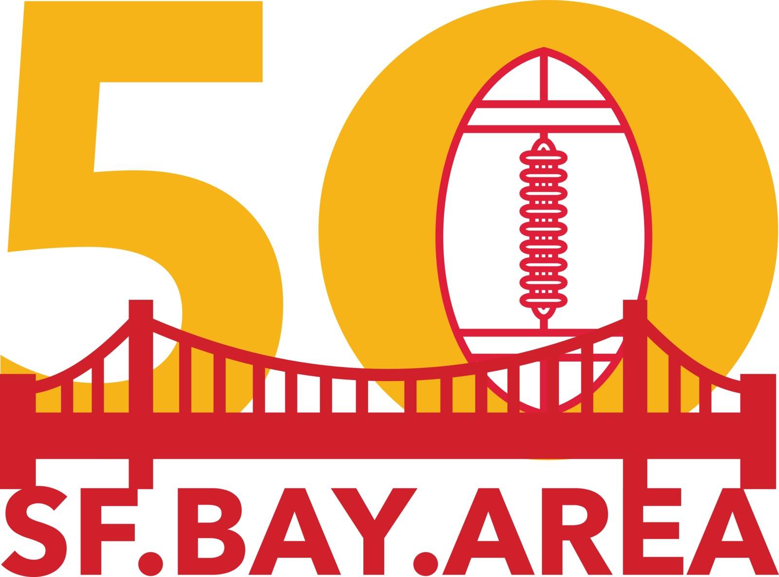 Illustration showing number 50 with American football and golden gate bridge with words San Francisco Bay area for the pro football championship.
