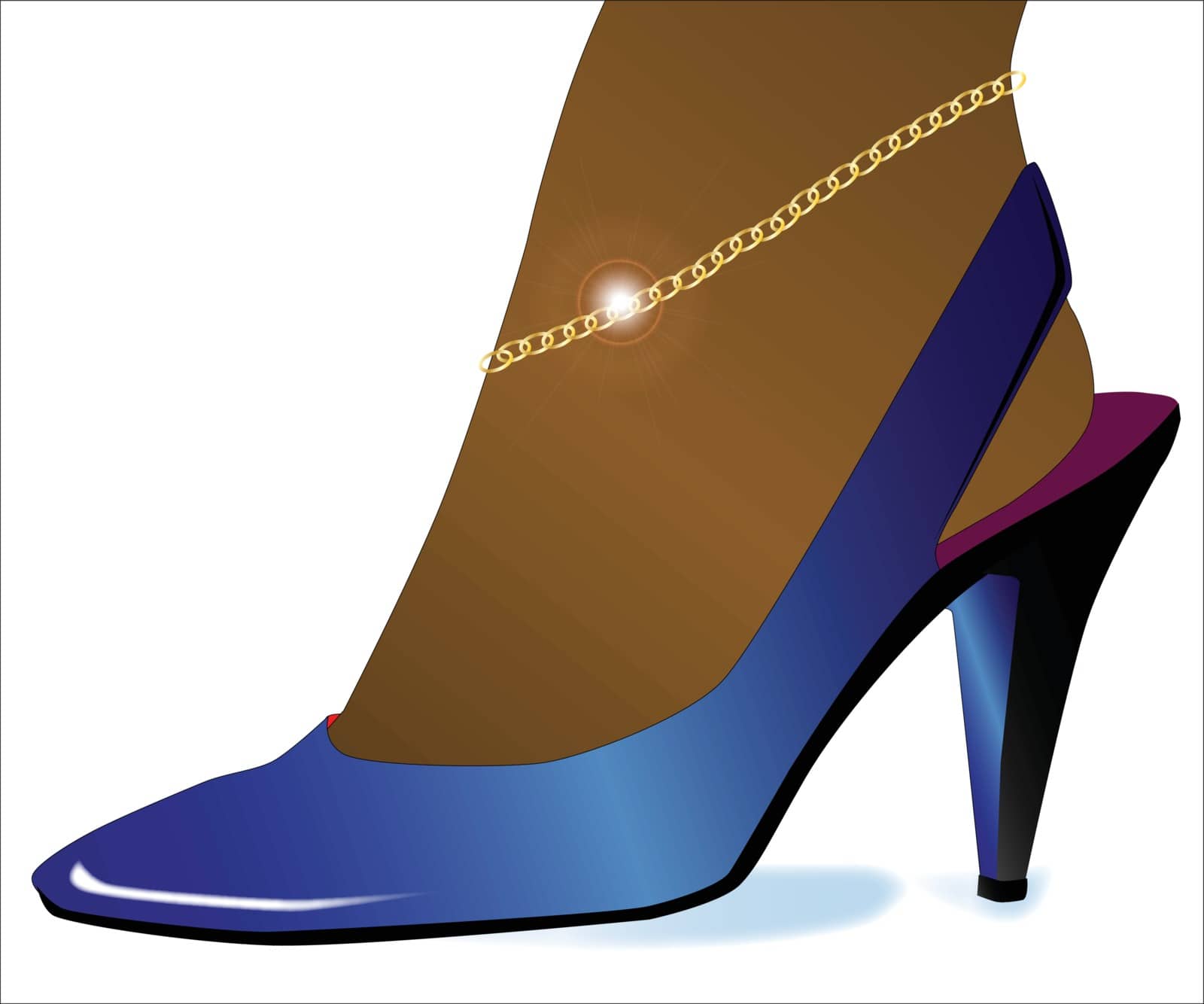 A ladies blue high heel shoe with an ankle bracelet in gold