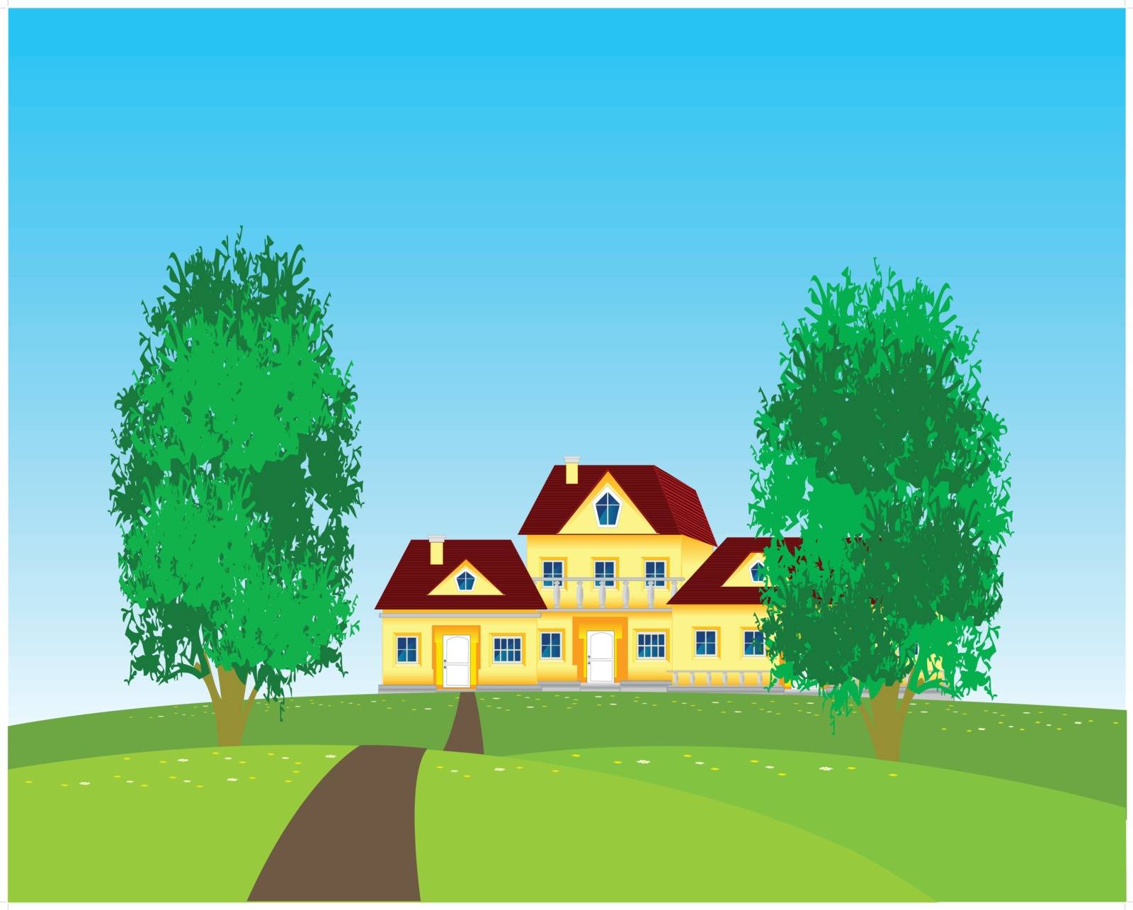 Vector illustration to rural terrain and houses on nature