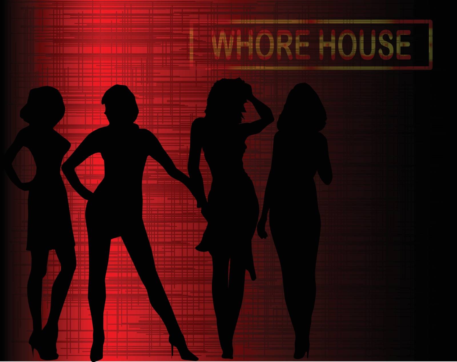 A group of prostitutes gathering below a whore house sign