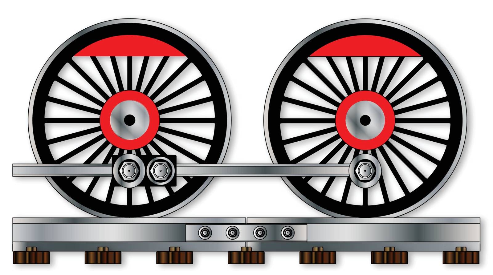 A pair of connected steam train driving wheels isolated on white
