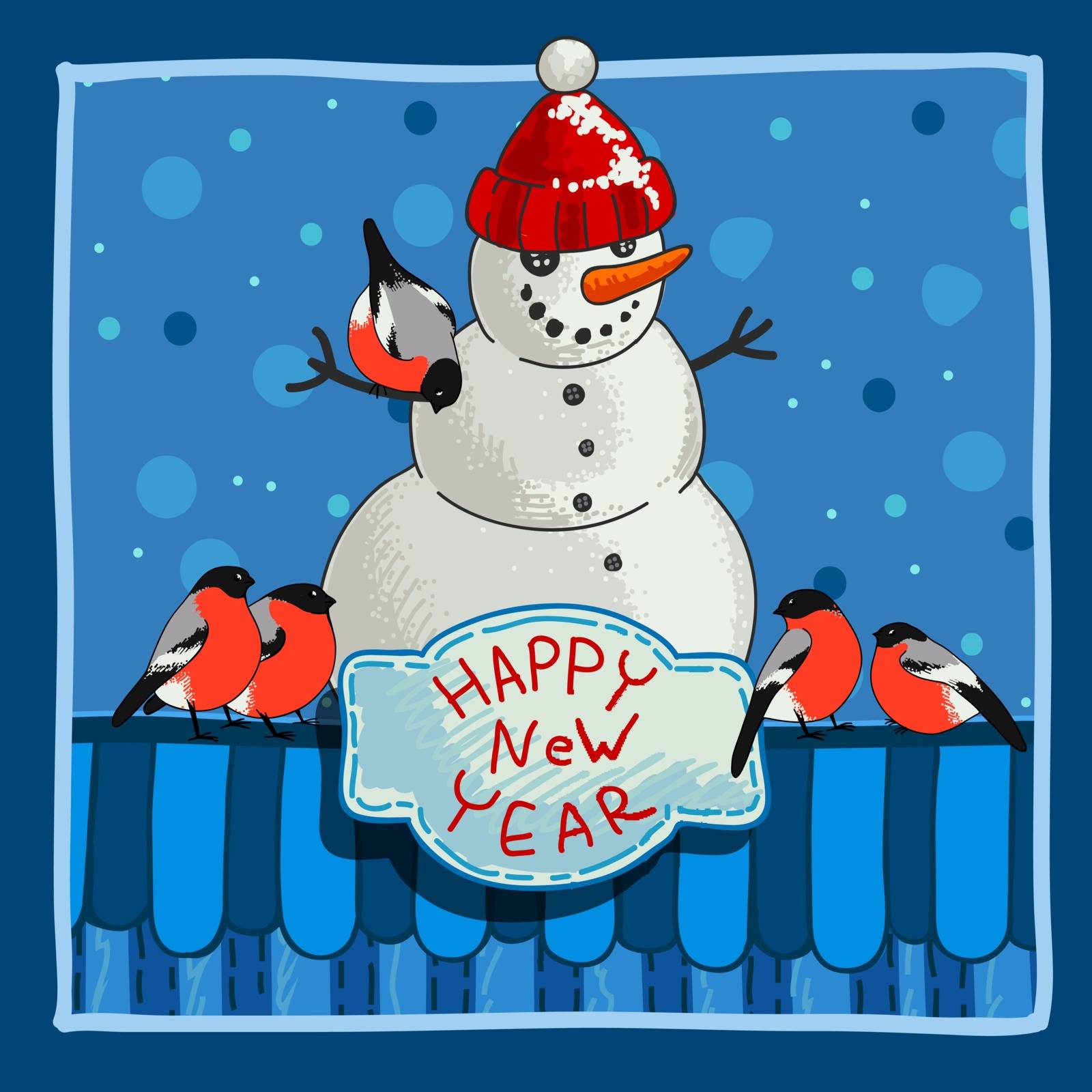 Design a Christmas card with a snowman, birds and congratulations