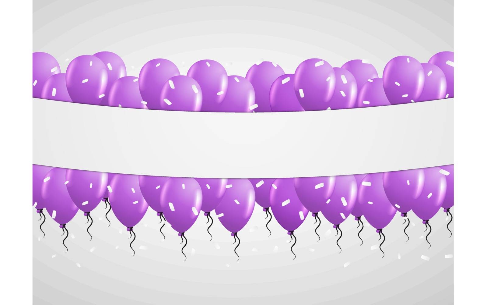violet balloons and white confetti with blank paper in center