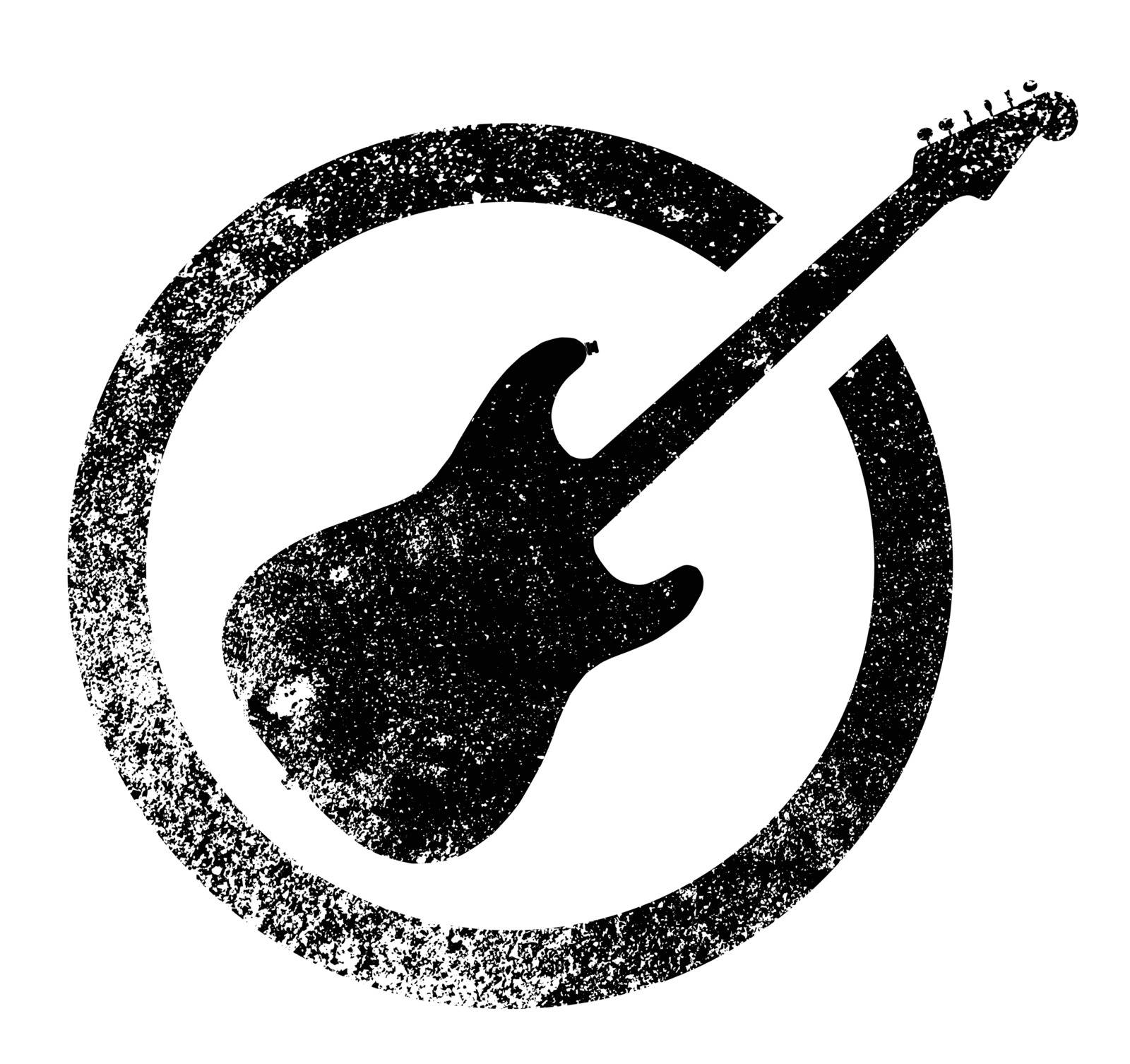 The definitive rock and roll guitar as as rubber ink stamp in black, isolated over a white background.