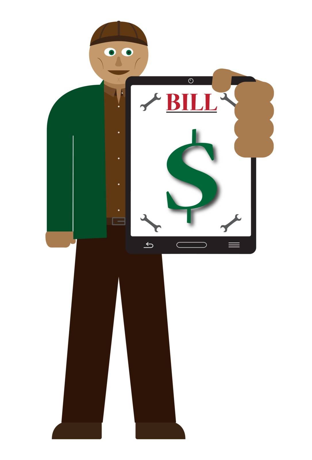 A mechanic with a tablet and bill isolated on a white background