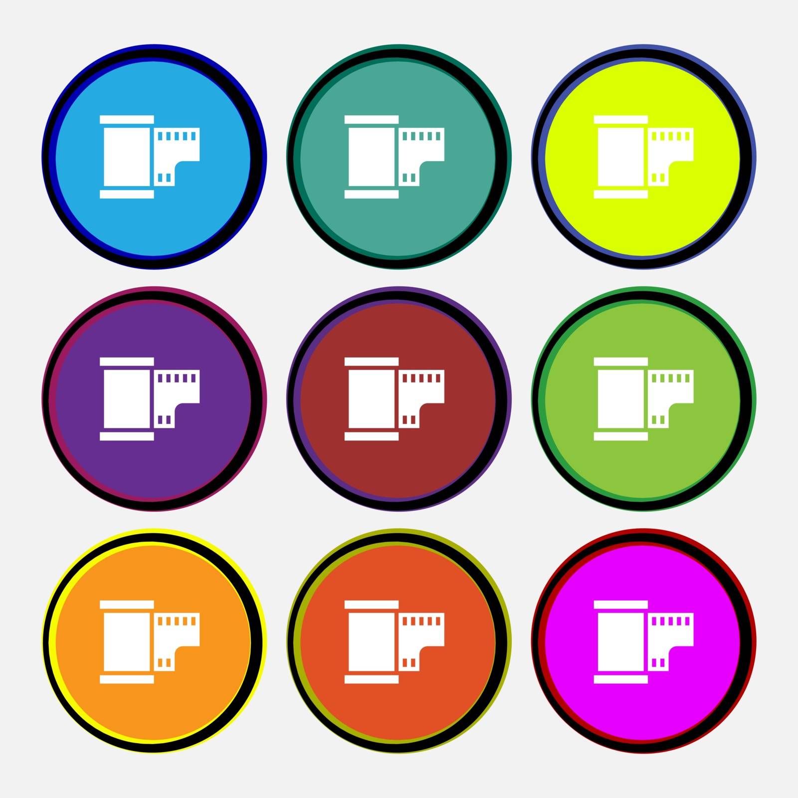 35 mm negative films icon sign. Nine multi colored round buttons. Vector by serhii_lohvyniuk