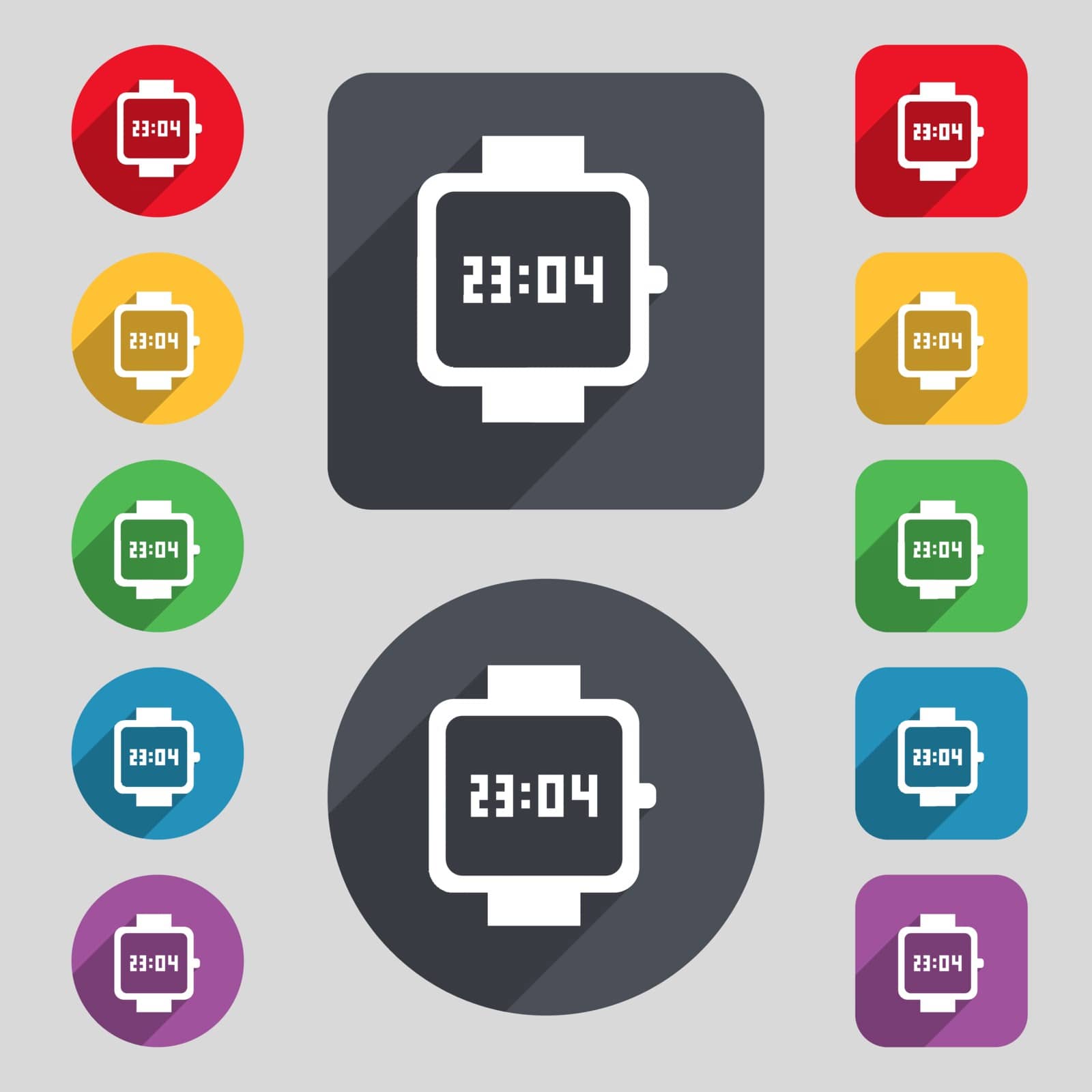 wristwatch icon sign. A set of 12 colored buttons and a long shadow. Flat design. Vector illustration