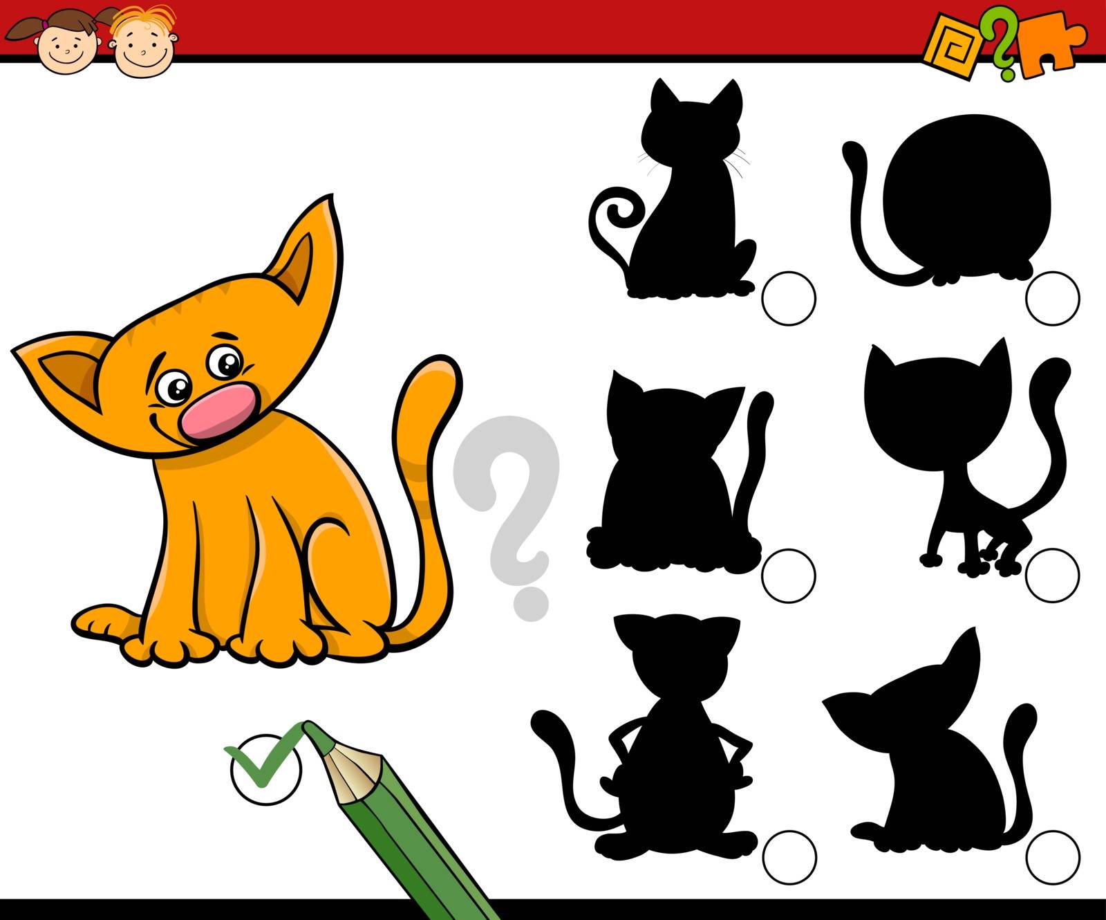 Cartoon Illustration of Educational Shadow Task for Preschool Children with Cats or Kittens