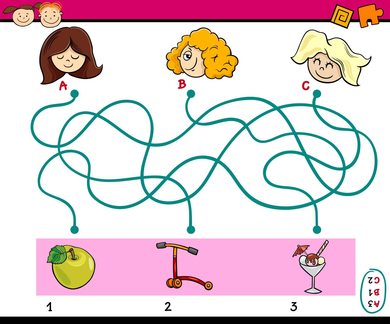 Cartoon Illustration of Education Paths or Maze Puzzle Task for Preschool Kids with Girls and Toys and Sweets