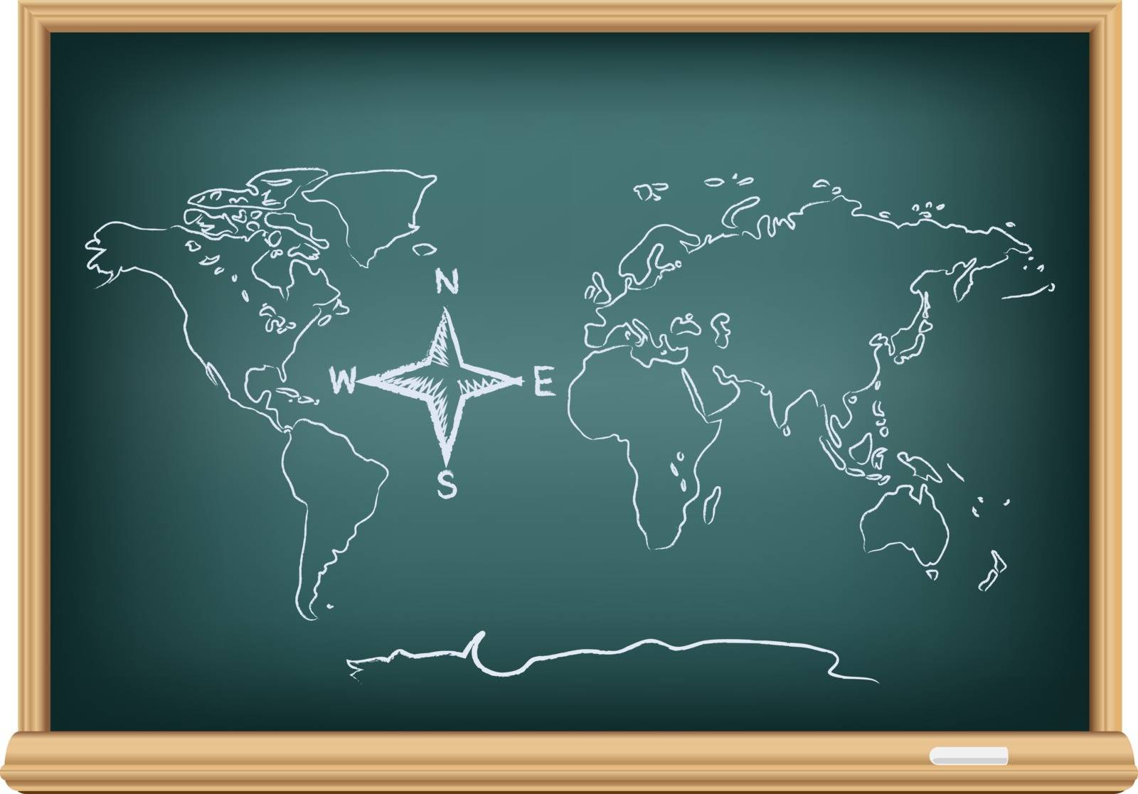 Studying geography map. Drawing world and compass wind rose on education blackboard on a white background. The arrows directions shows North South East West