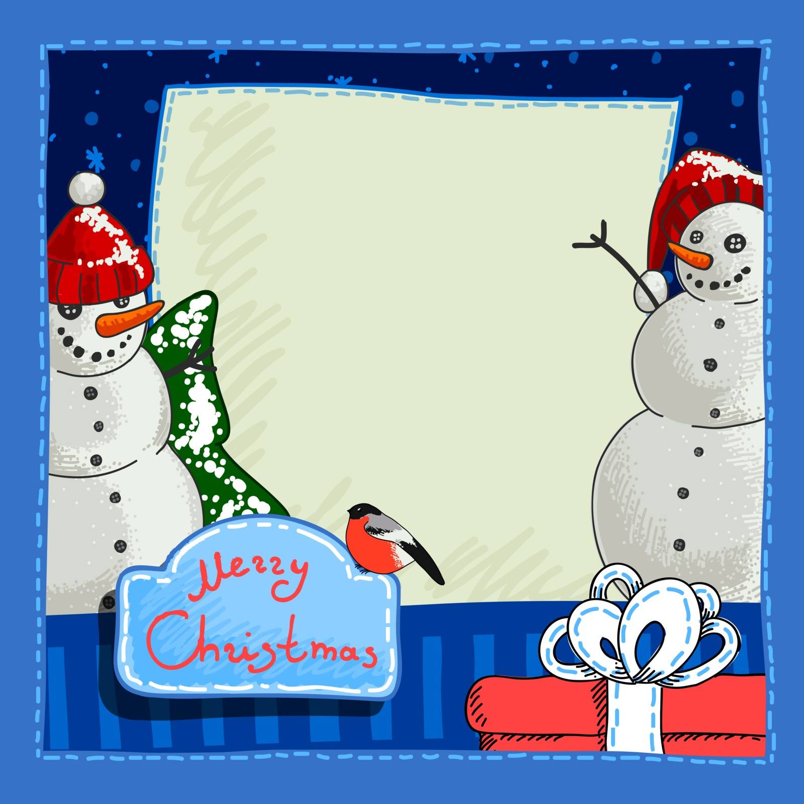 Christmas card design with snowman, gifts and greetings