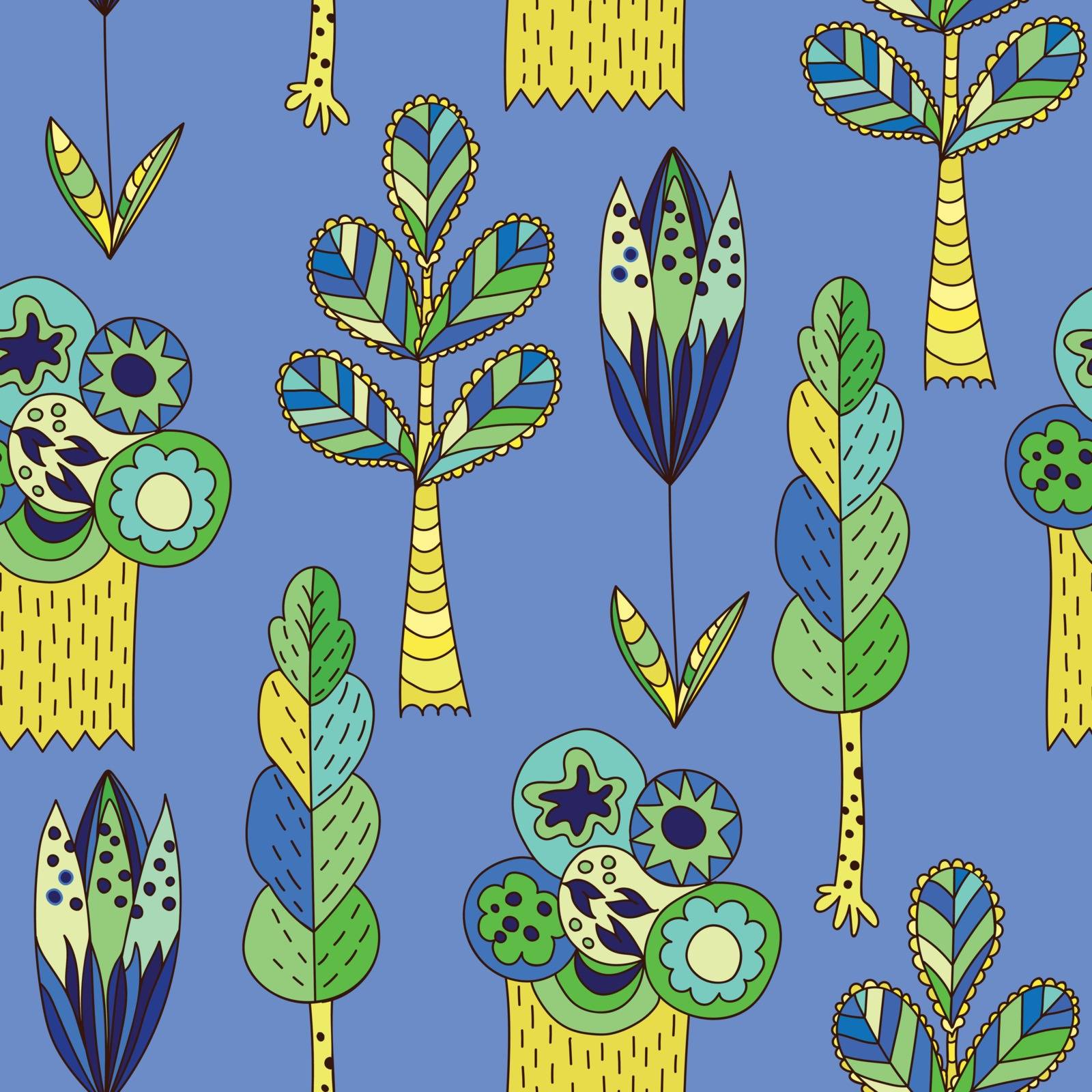 Blue vector children pattern with trees by kisika