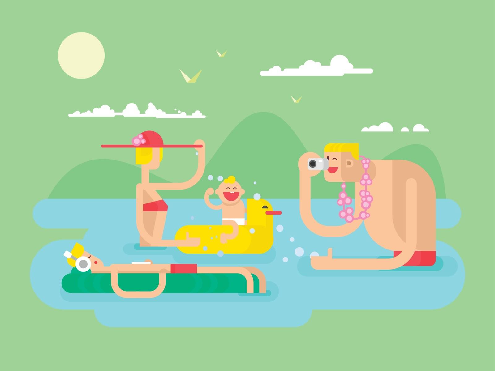 Vacation family design flat. Happy people outdoor beach summer, vector illustration