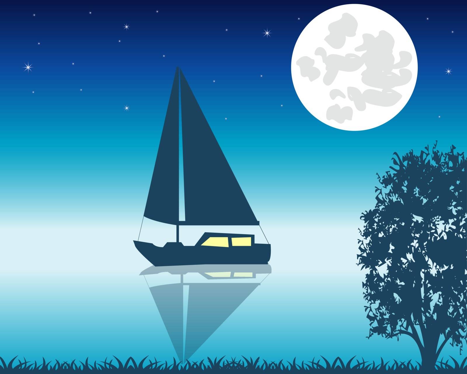 Night sea view, sail boat in the moonlight