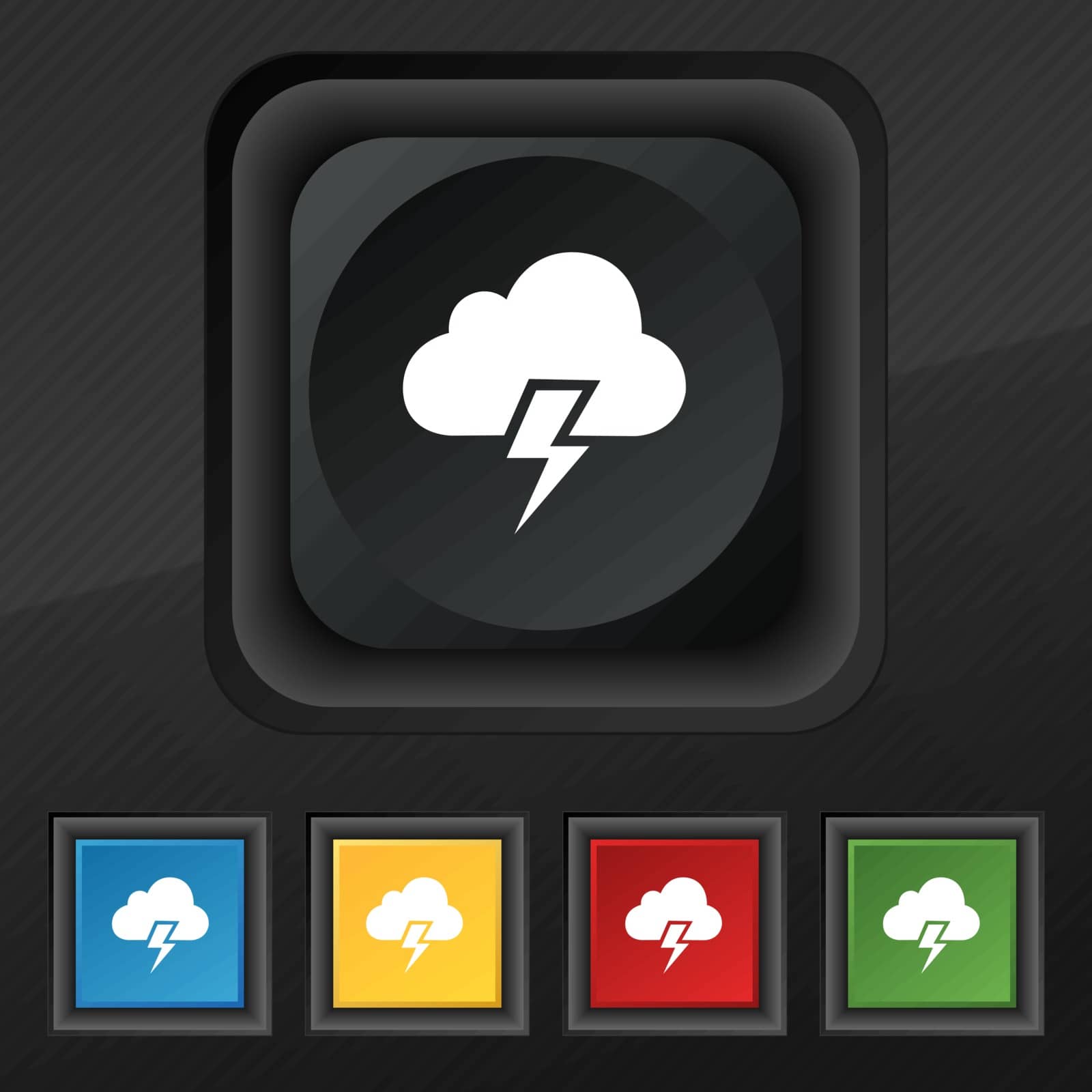 Heavy thunderstorm icon symbol. Set of five colorful, stylish buttons on black texture for your design. Vector by serhii_lohvyniuk
