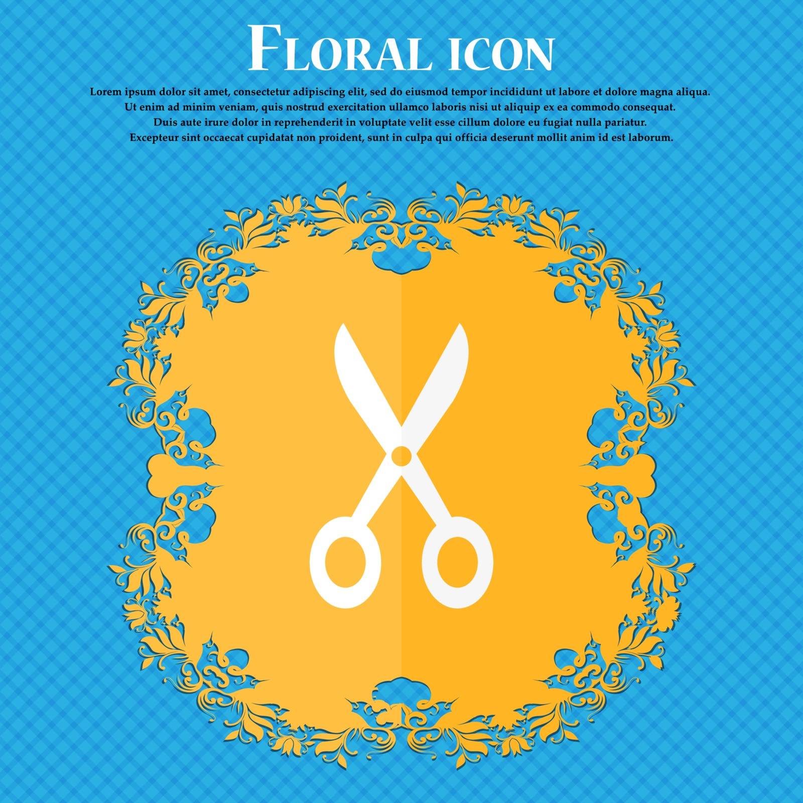 Scissors icon. Floral flat design on a blue abstract background with place for your text. Vector illustration