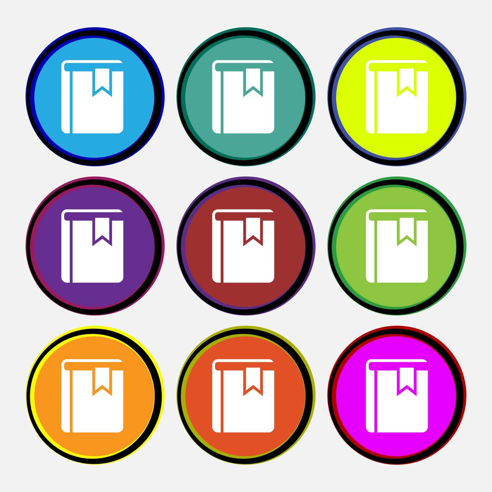 Book bookmark icon sign. Nine multi colored round buttons. Vector illustration