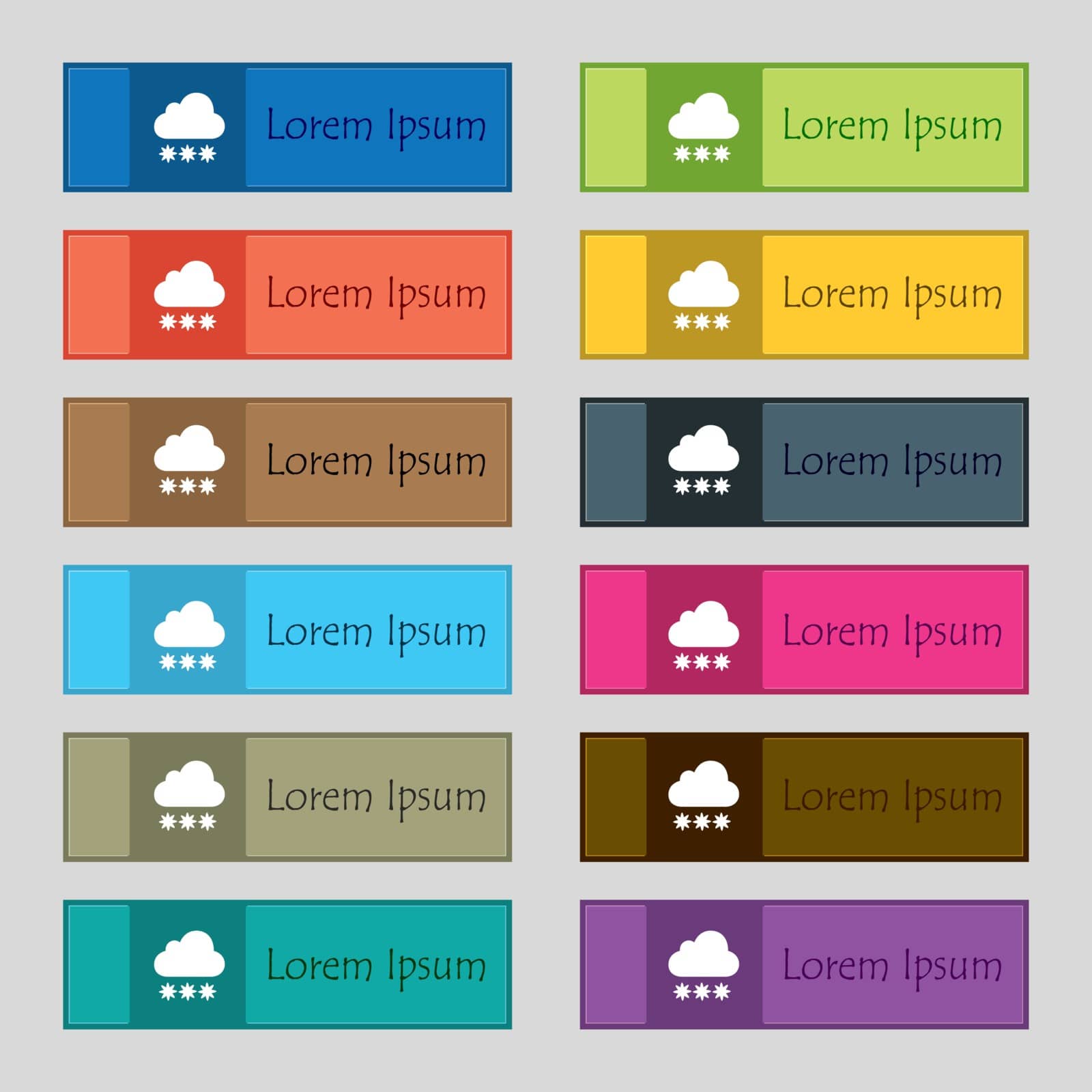 snow cloud icon sign. Set of twelve rectangular, colorful, beautiful, high-quality buttons for the site. Vector illustration