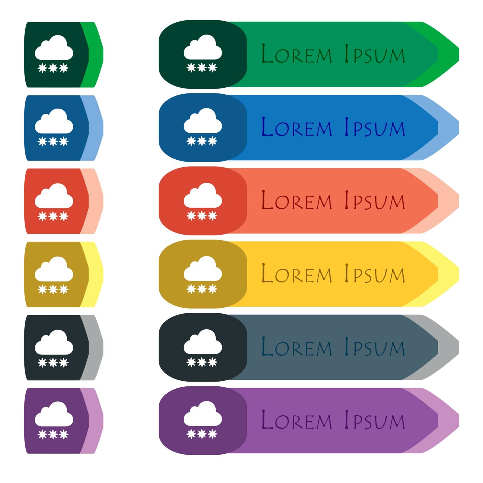 snow cloud icon sign. Set of colorful, bright long buttons with additional small modules. Flat design. Vector