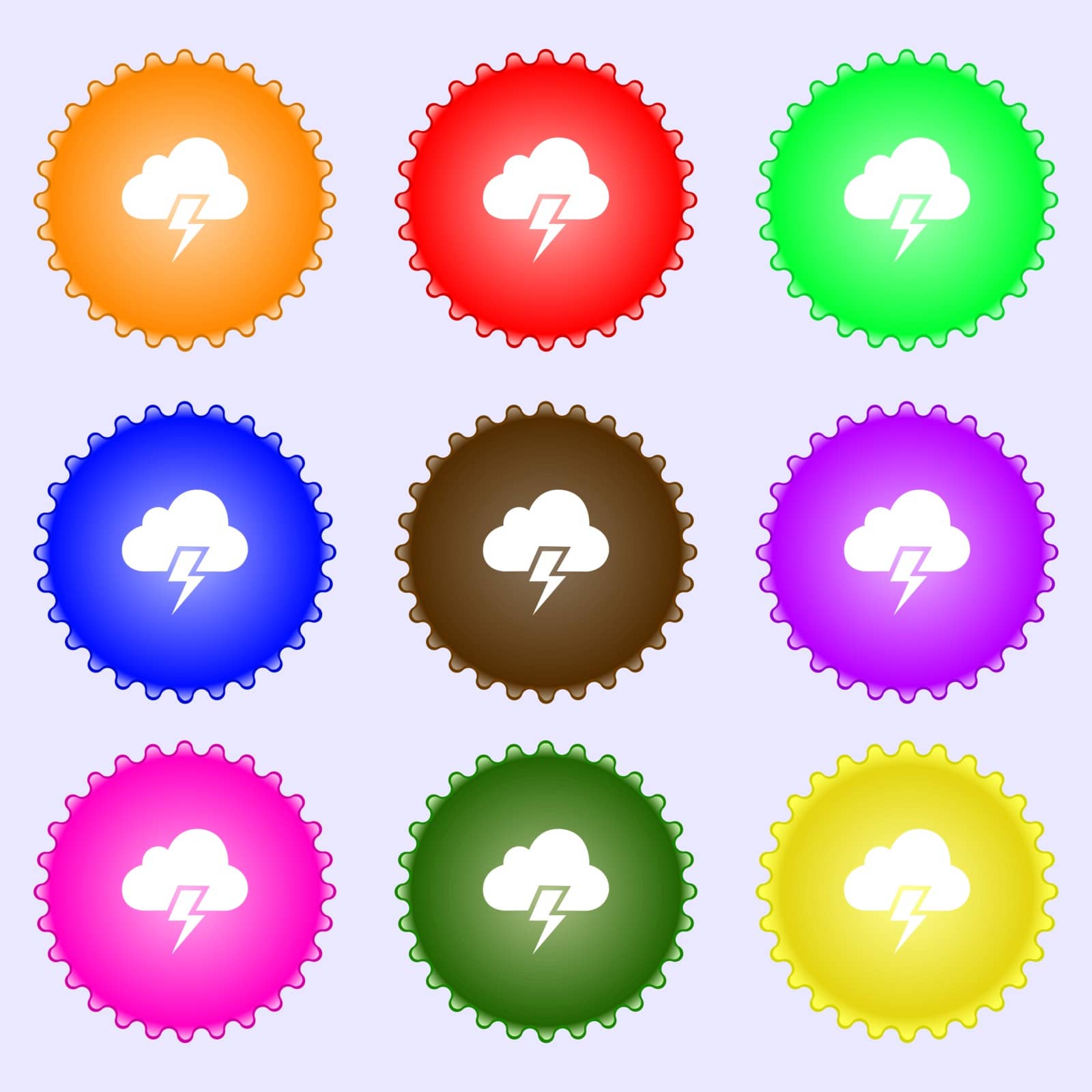 Heavy thunderstorm icon sign. A set of nine different colored labels. Vector illustration
