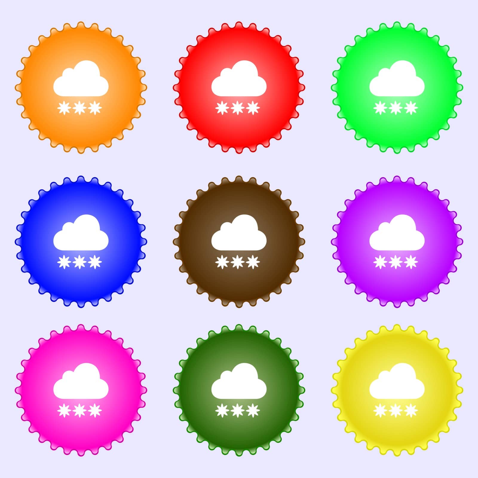 snow cloud icon sign. A set of nine different colored labels. Vector illustration