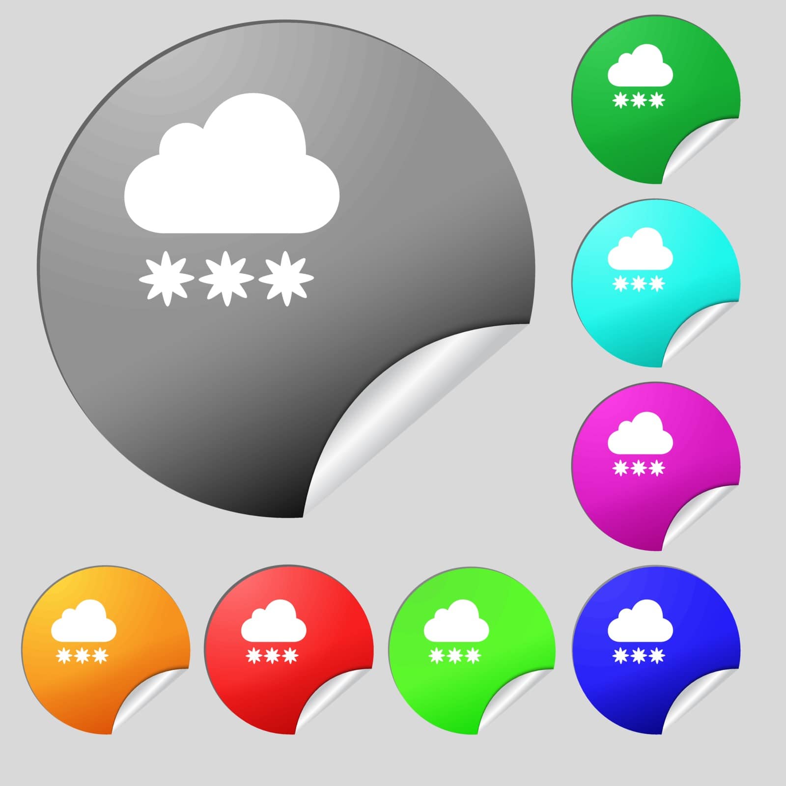 snow cloud icon sign. Set of eight multi colored round buttons, stickers. Vector by serhii_lohvyniuk