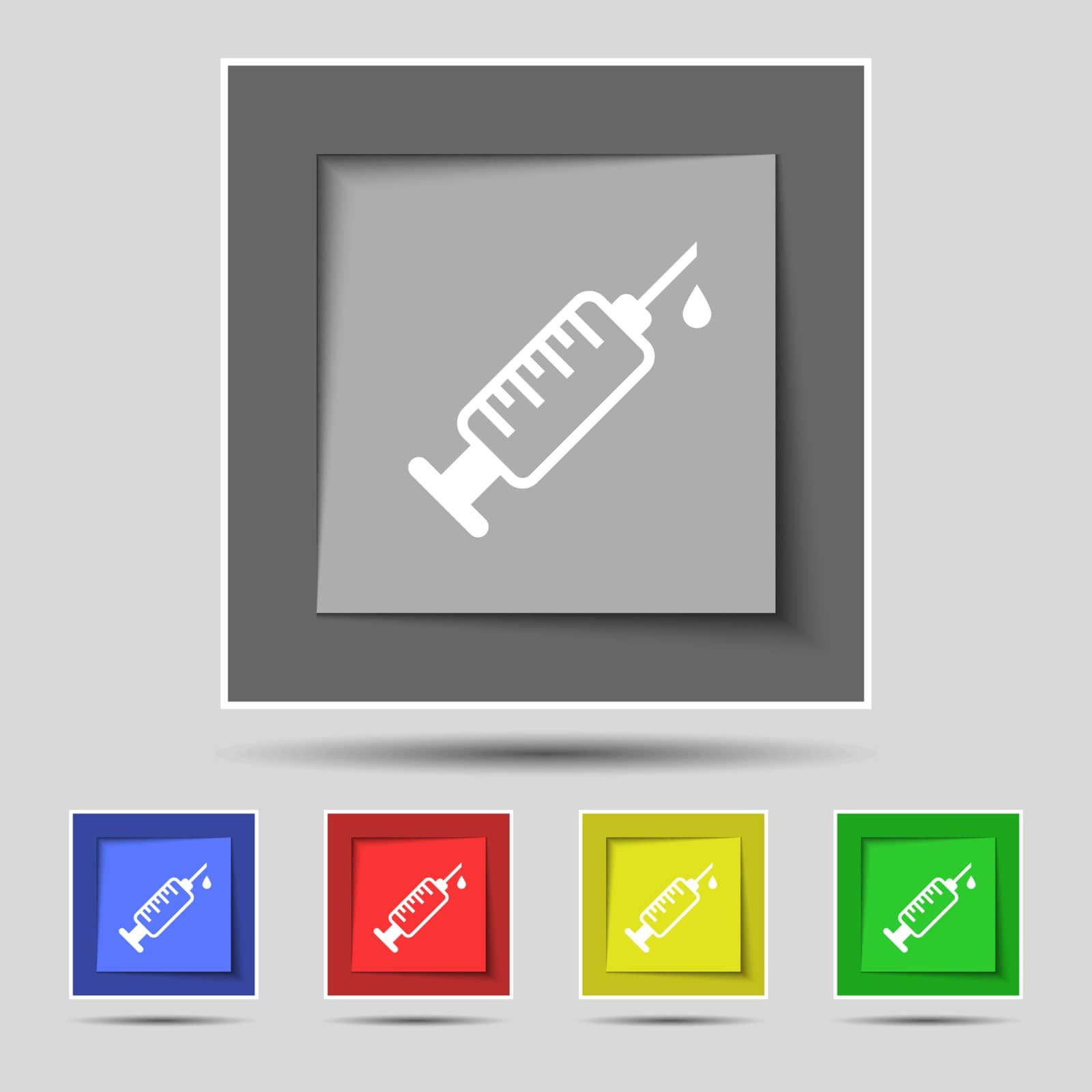 syringe icon sign on original five colored buttons. Vector by serhii_lohvyniuk