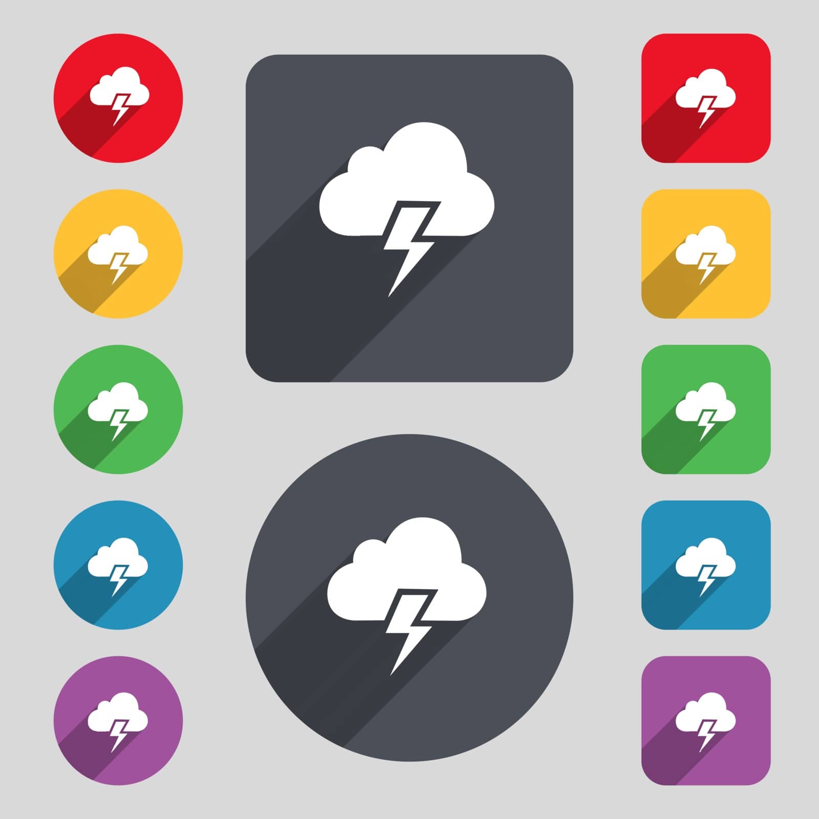 Heavy thunderstorm icon sign. A set of 12 colored buttons and a long shadow. Flat design. Vector illustration
