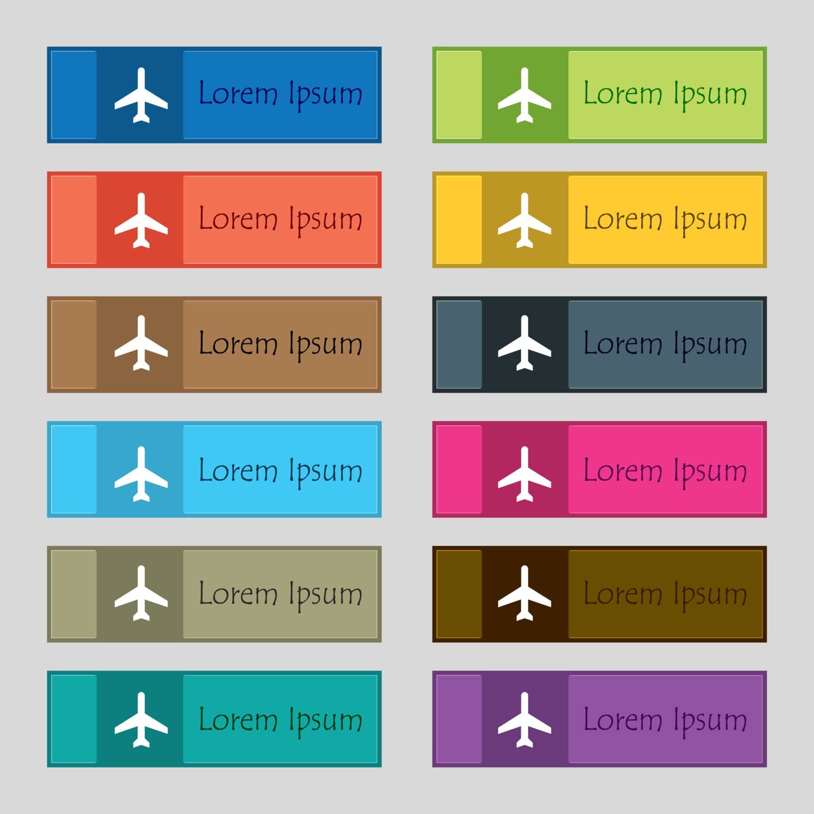 Plane icon sign. Set of twelve rectangular, colorful, beautiful, high-quality buttons for the site. Vector illustration
