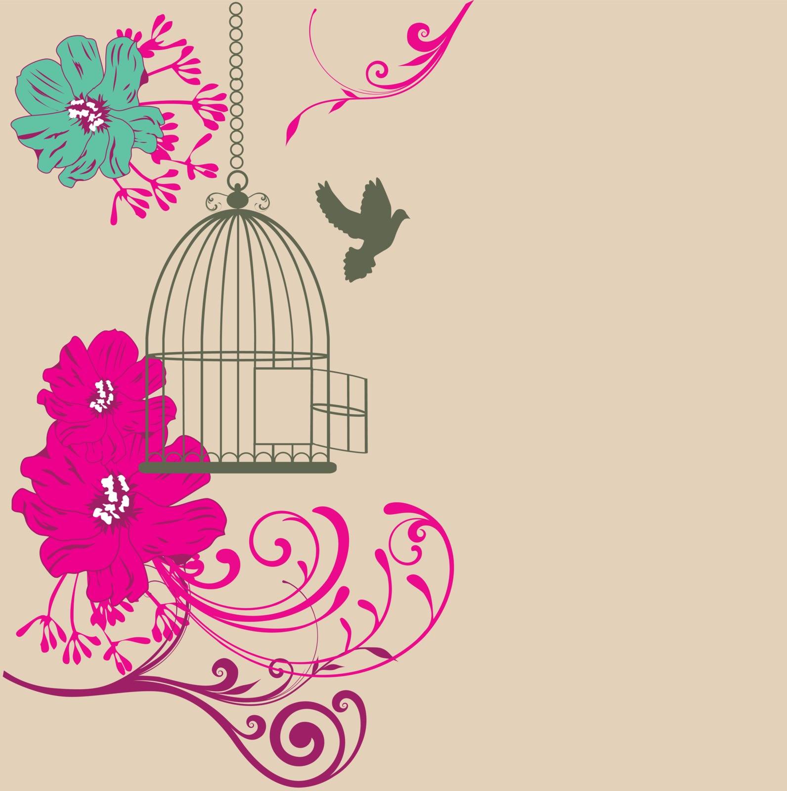 vector illustration of a vintage card with flowers and bird cage open