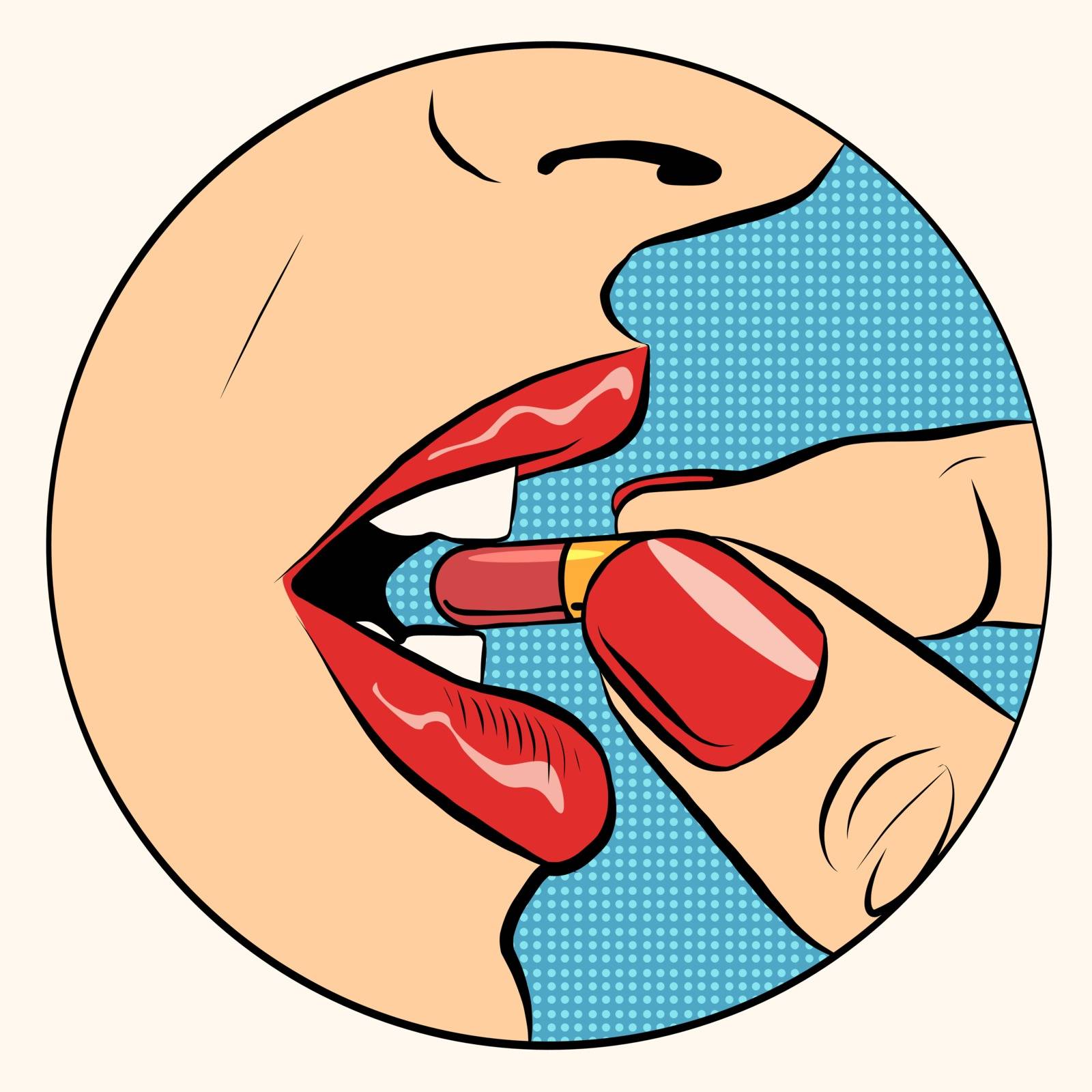Taking the pill medication pop art retro style. A woman takes the pill. Medicine, pharmacology and health