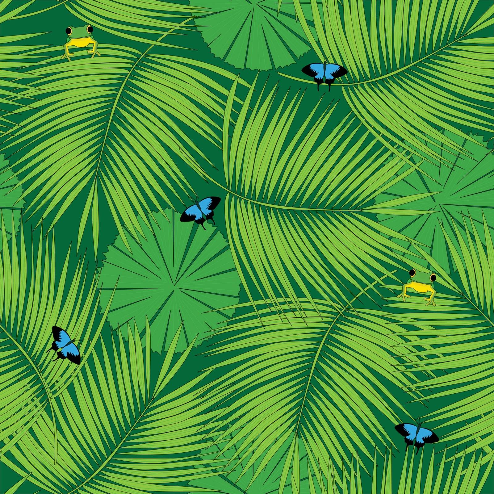 Seamless pattern made of illustrated rain forest flora and fauna