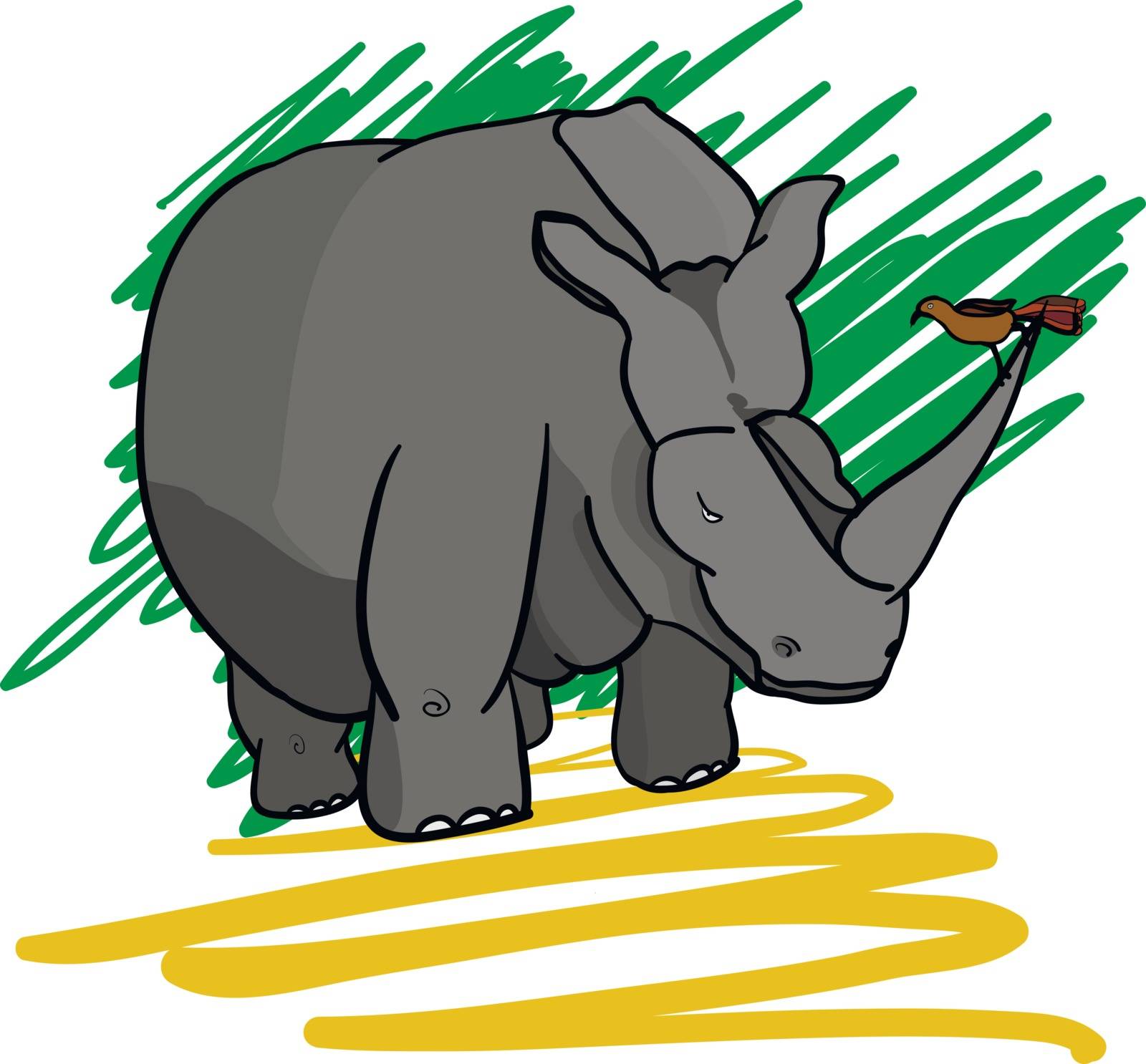 Rhino and bird hand drawn vector colorful illustration