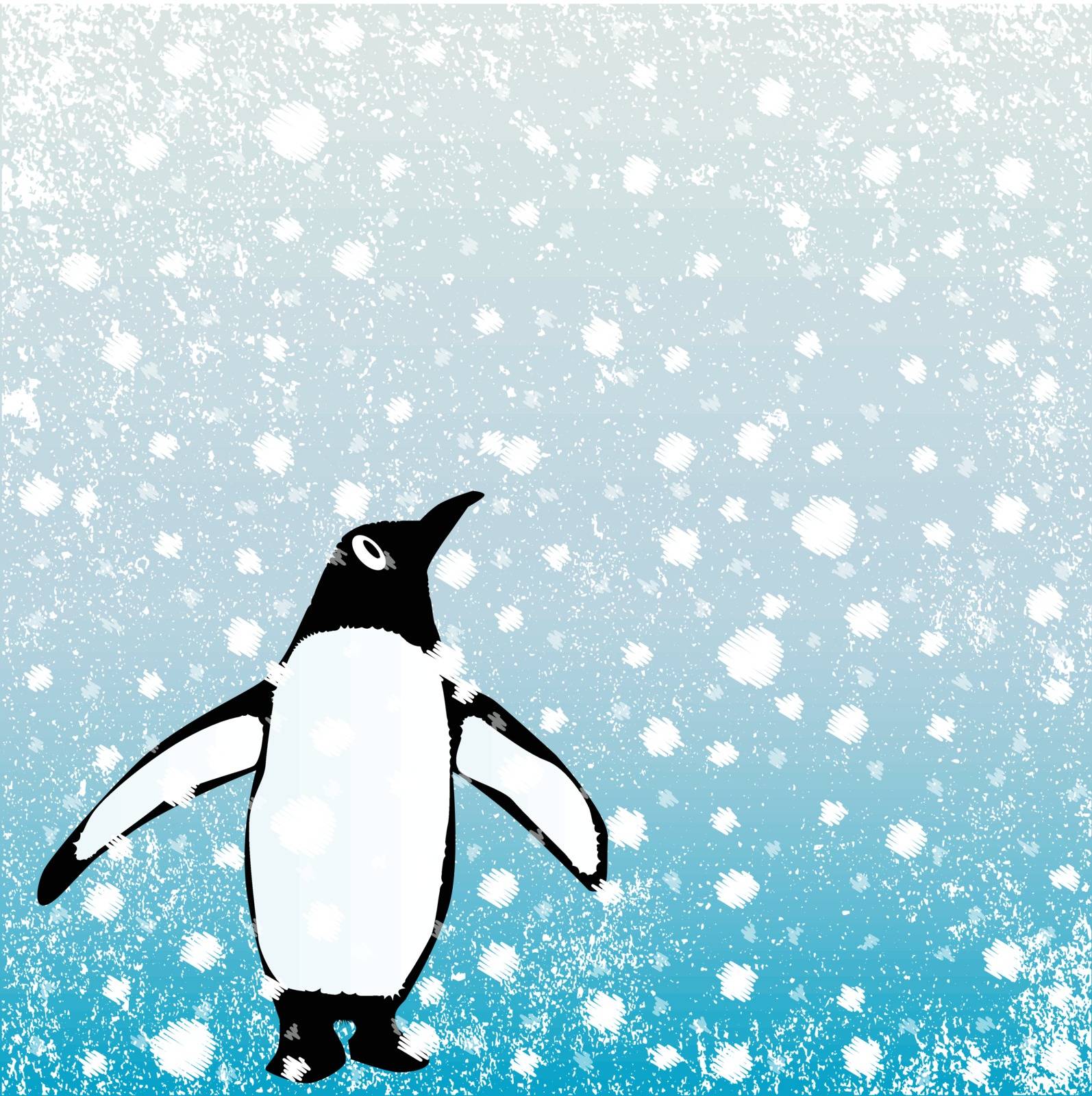 A snow blizzard background with a curious penguin