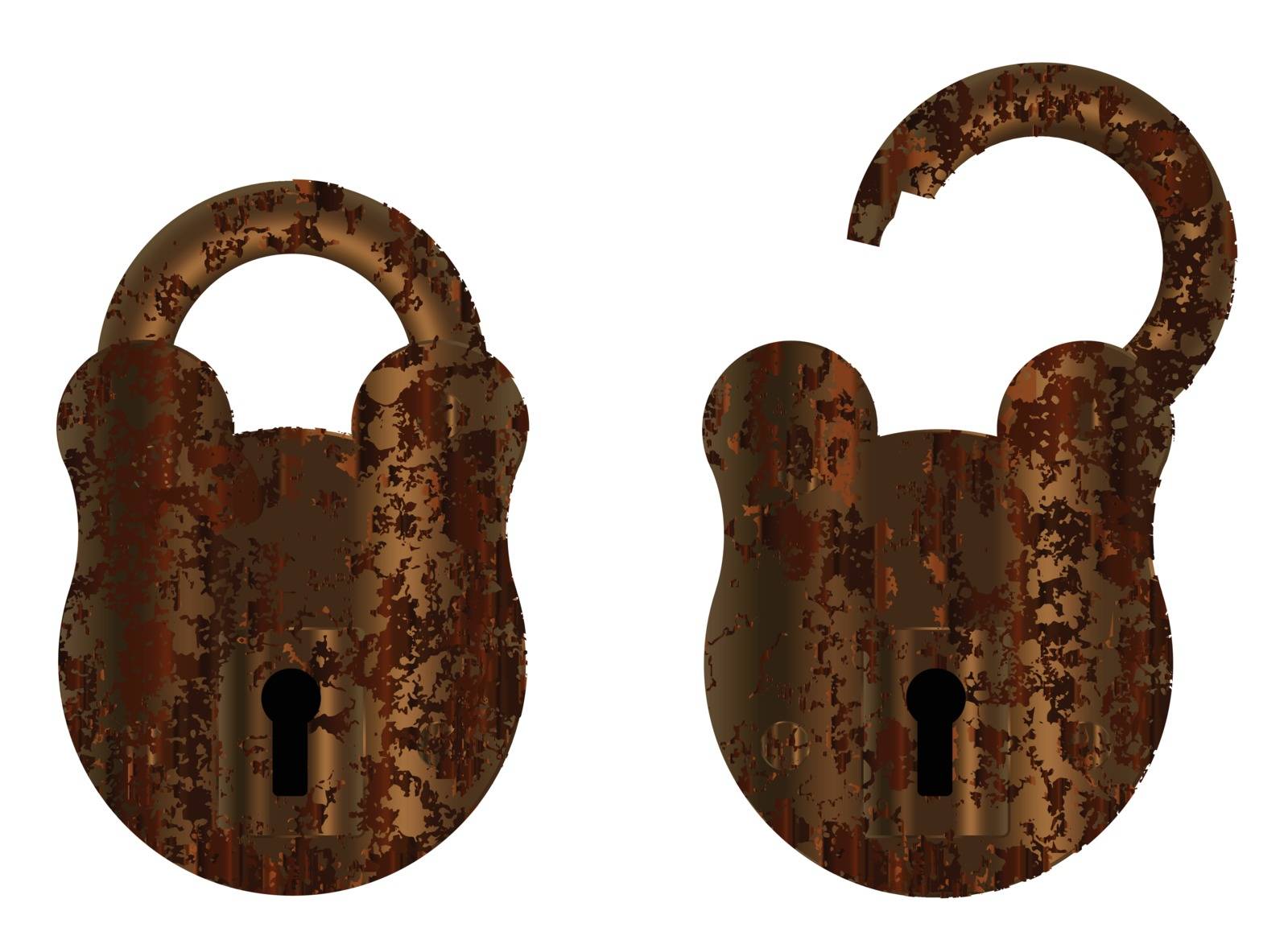 An old suted up padlock in open and close positions over a white background