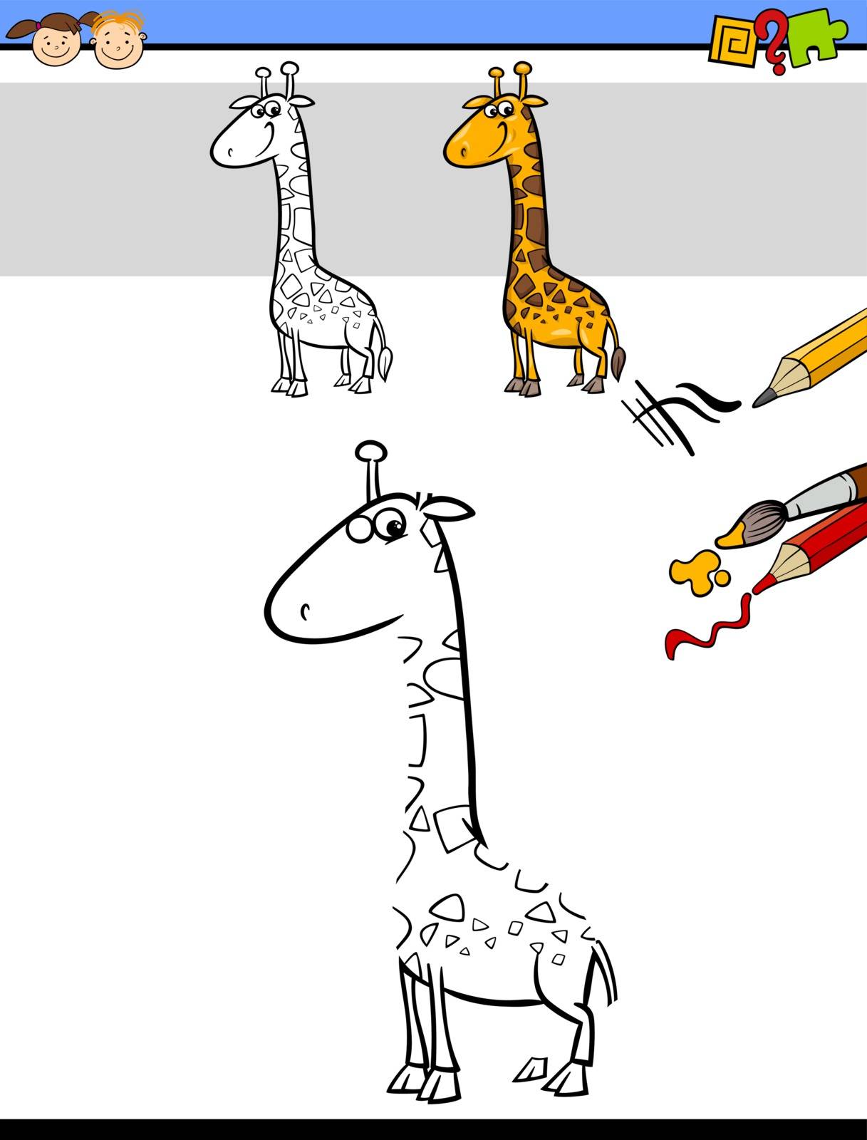 Cartoon Illustration of Drawing and Coloring Educational Task for Preschool Children with Giraffe Animal Character
