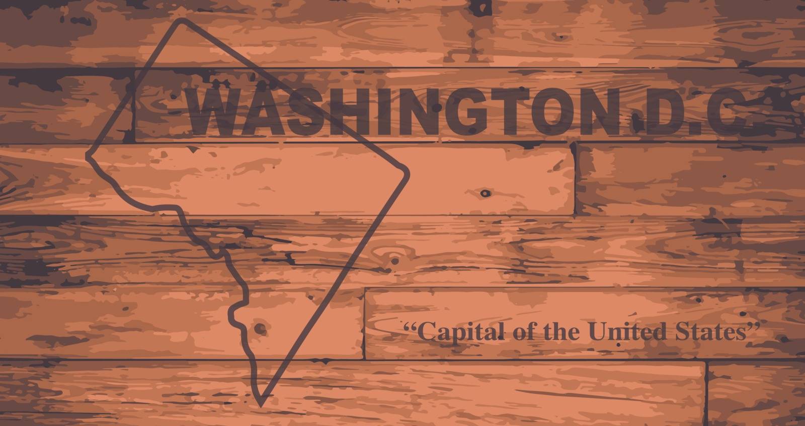Washington D.C. state map brand on wooden boards with map outline and state motto