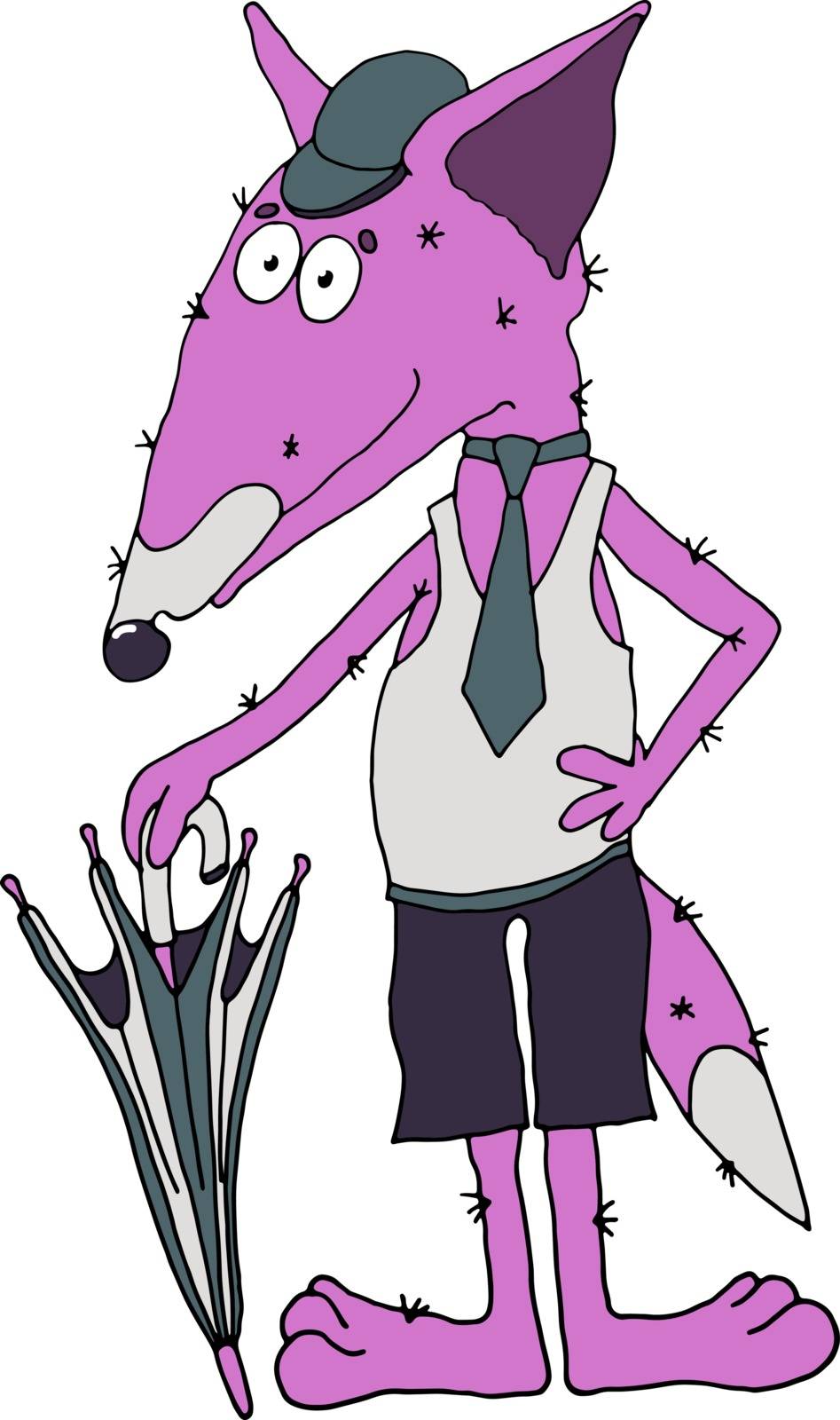 vector illustration purple wolf in jersey and trousers and with umbrella on a white background by olga_ovchinnikova