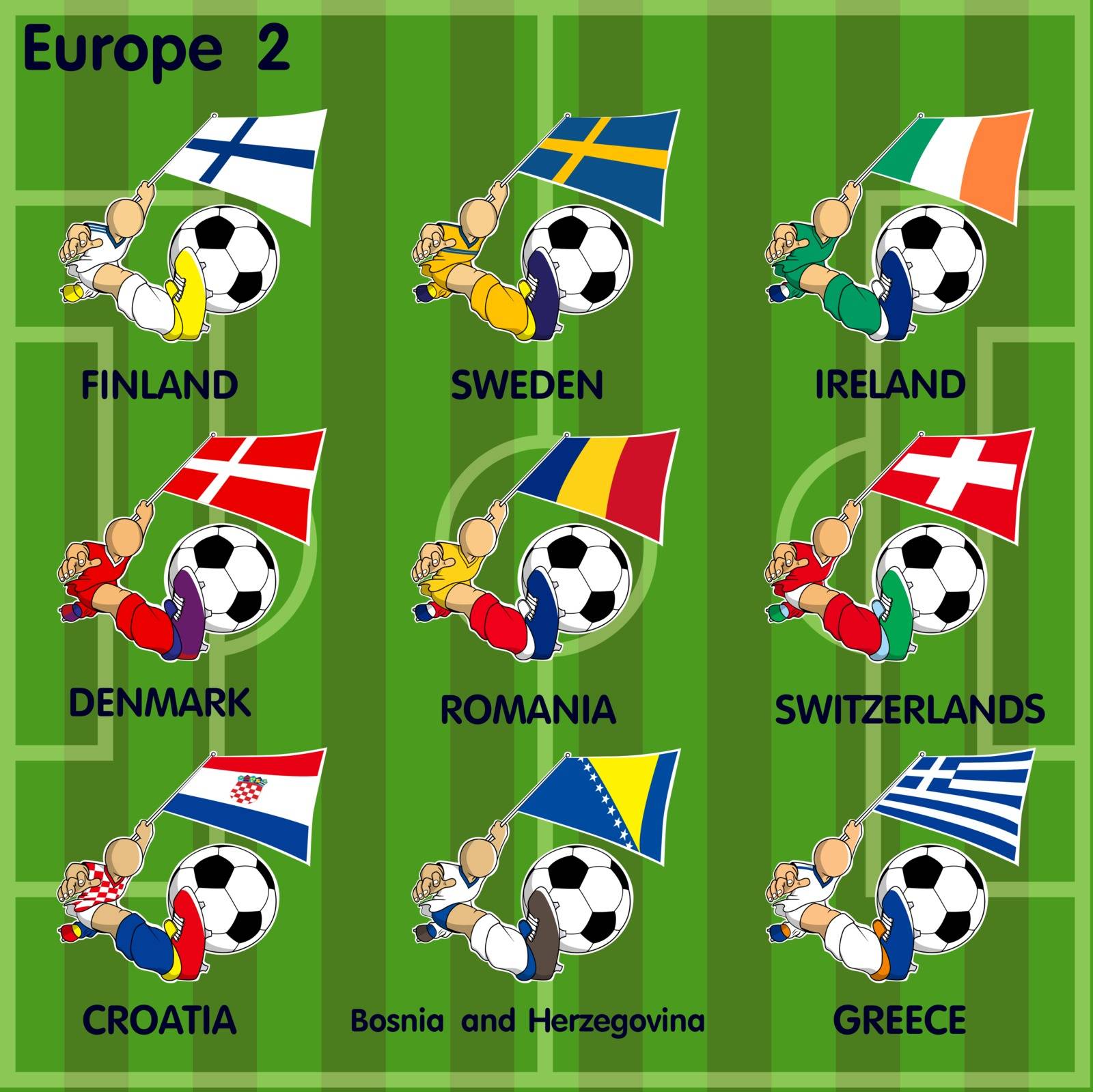 Vector cartoon of Nine soccer football teams from Europe including  Finland , Sweden, Ireland, Denmark, Romania, Switzerlands, Croatia, Bosnia and Herzegovina, Greece on the field.