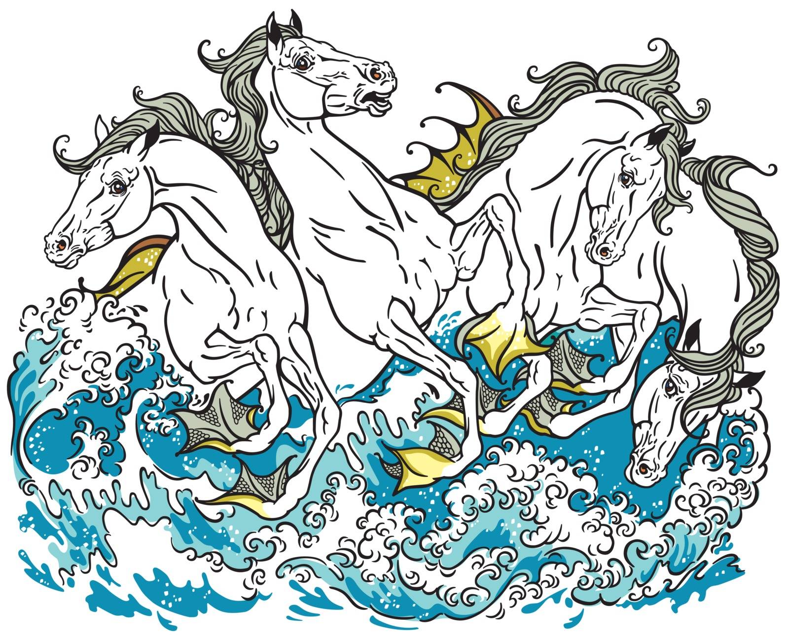 four mythological seahorses hippocampus