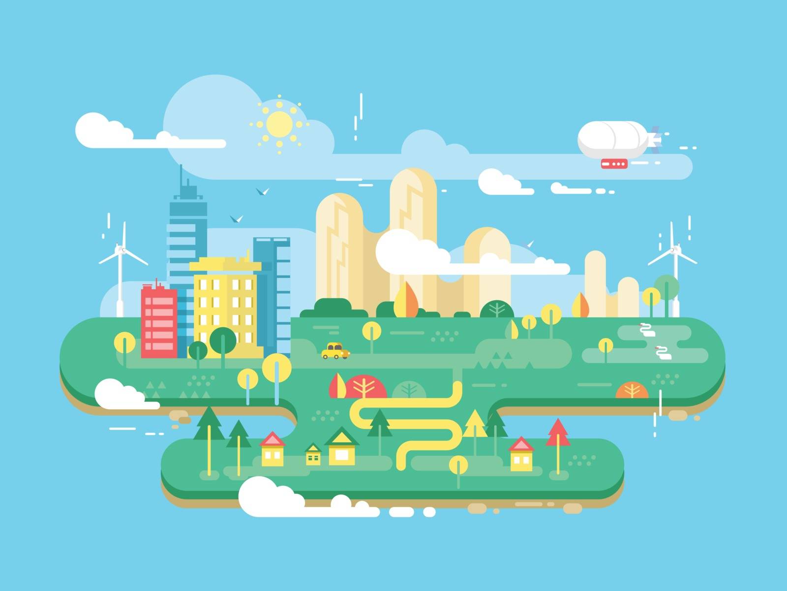 Green city flat. Cityscape and energy town, tree and building, architecture urban, vector illustration