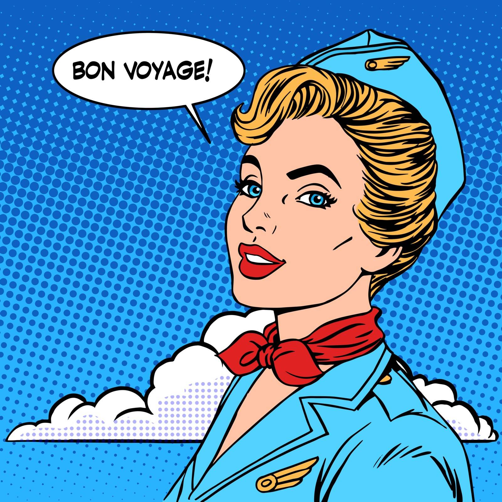 Bon voyage stewardess tourism travel flight pop art retro style. Business concept success. Profession uniform beauty