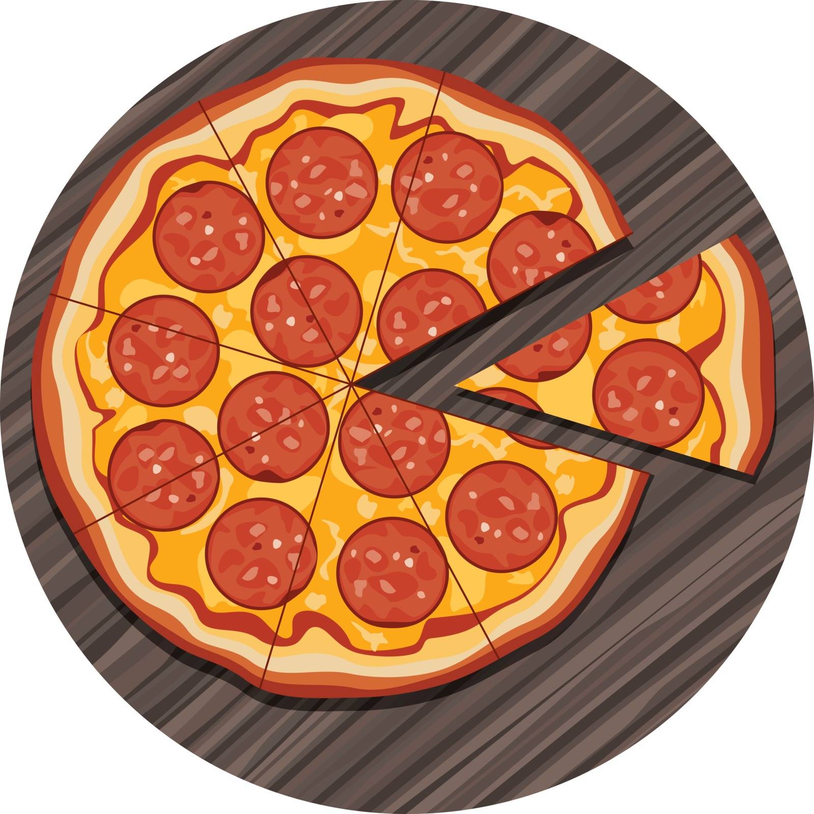 vector illustration of italian pizza with a slice on wooden board