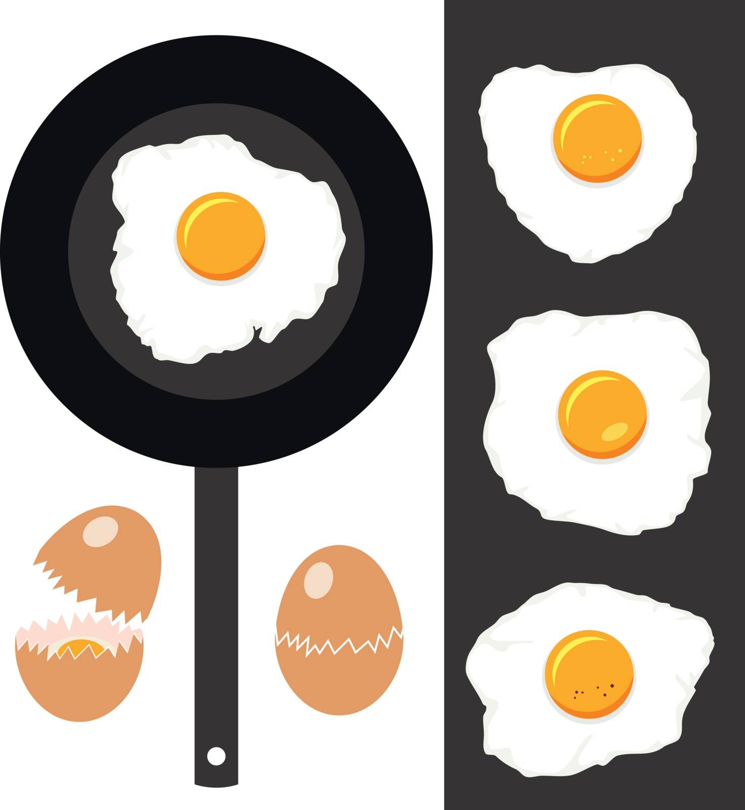 vector collection of cracked eggs, fried eggs and frying pan