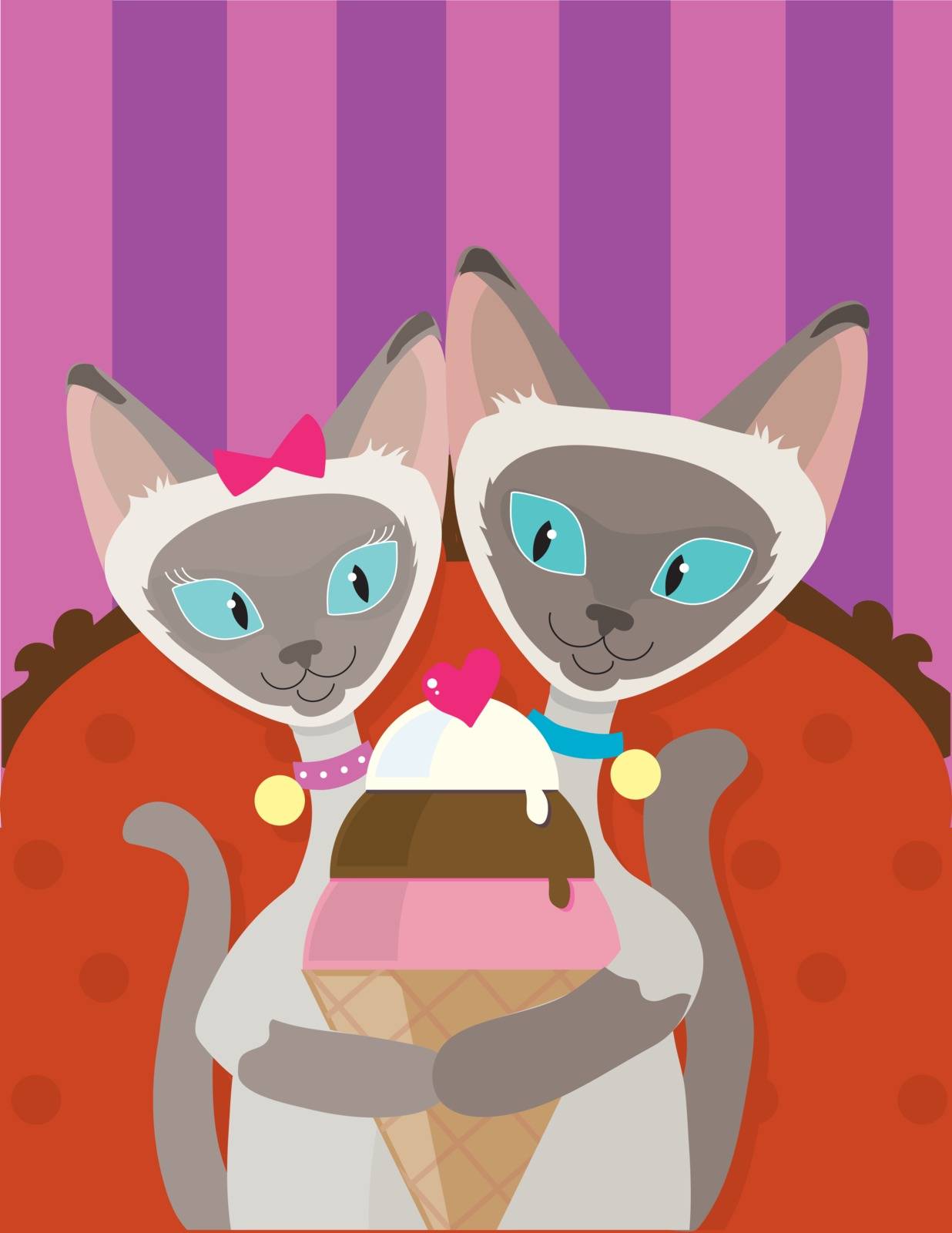A pair of Siamese Cats are enjoying an ice cream cone together