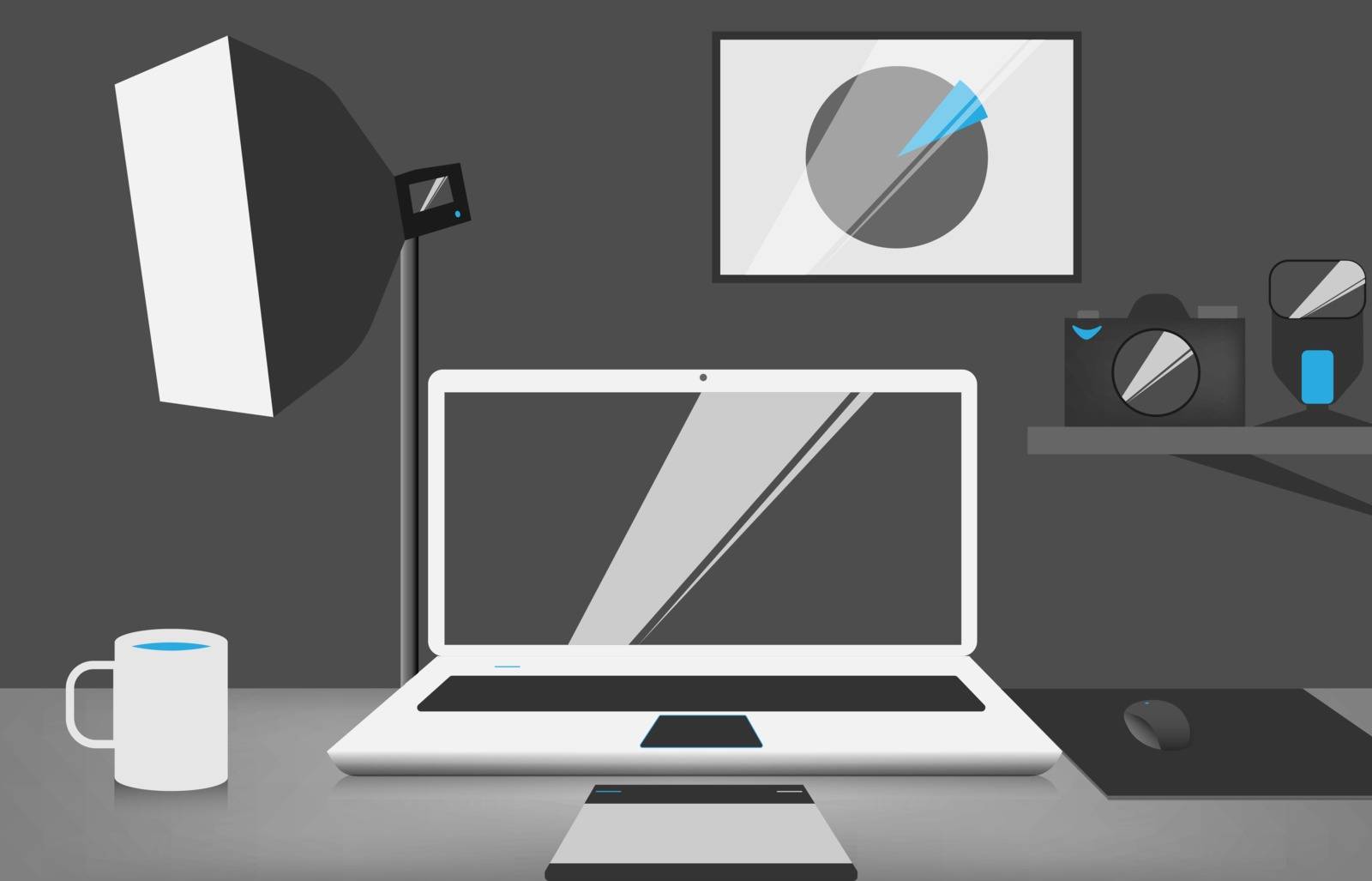 Stylish workplace of a photographer, vector in black and white colors with addition of blue