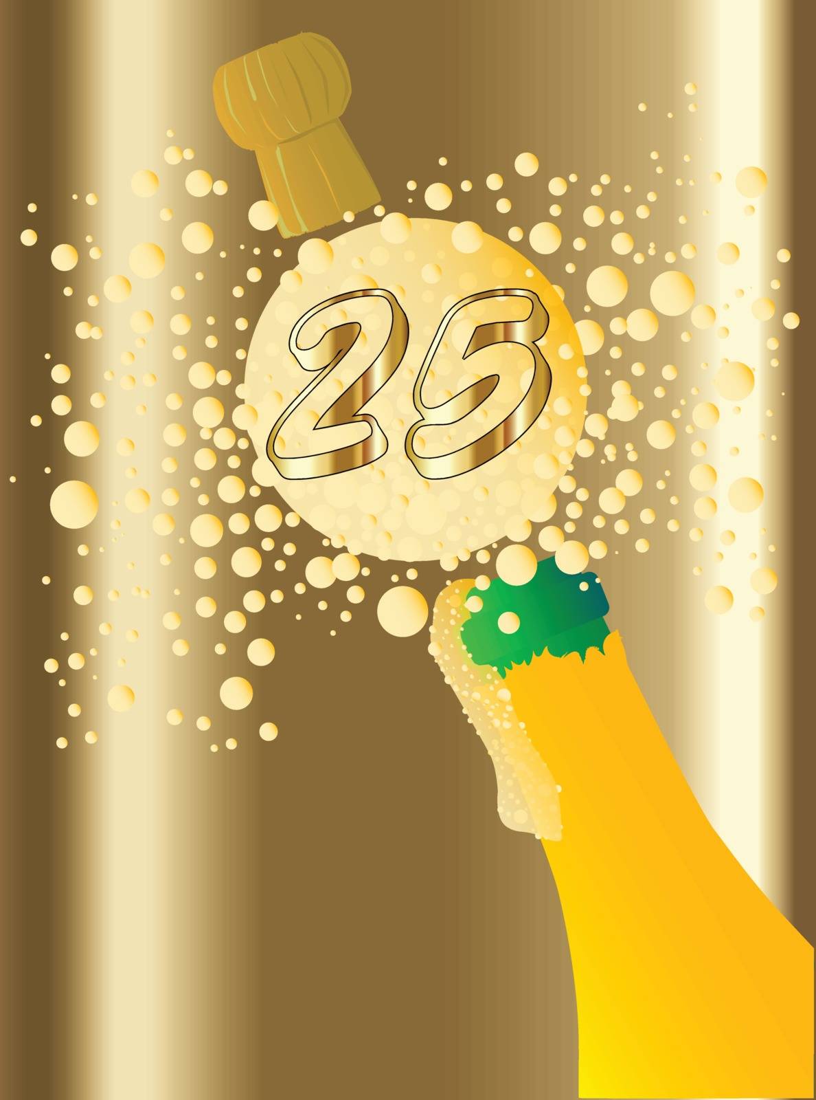 Champagne bottle being opened with froth and bubbles with a large bubble exclaiming 10